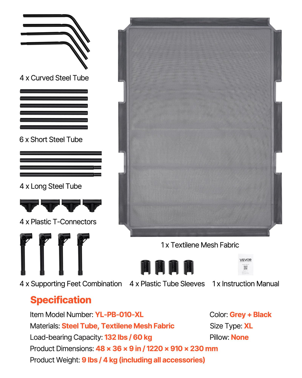 VEVOR Elevated Dog Bed for Large Dogs, Portable Raised Dog Cot with Steel Metal Frame and Breathable Teslin Mesh, Indoor & Outdoor Pet Cooling Raised Hammock Bed, XL, Gray