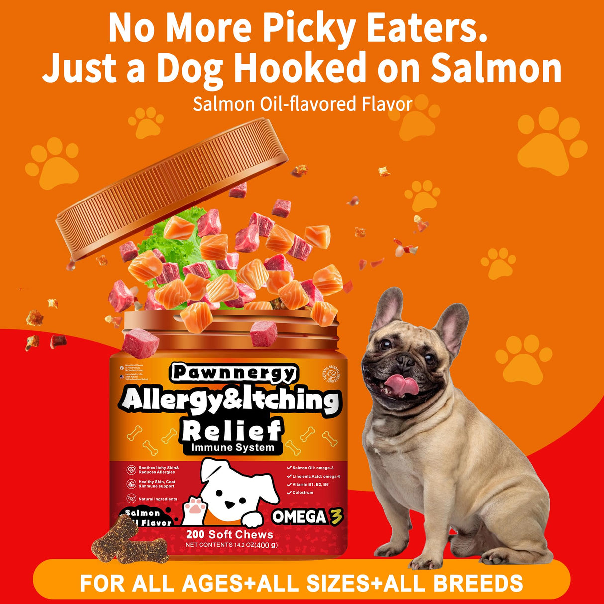 Pawnnergy Dog Allergy & Itch Relief Chews - Salmon Oil Omega-3, Omega-6, Vitamin B1/B2/B6, Colostrum Probiotics Supplement for Seasonal Allergy, Hot Spots, Paw Licking, Scratching, 100 Soft Chews