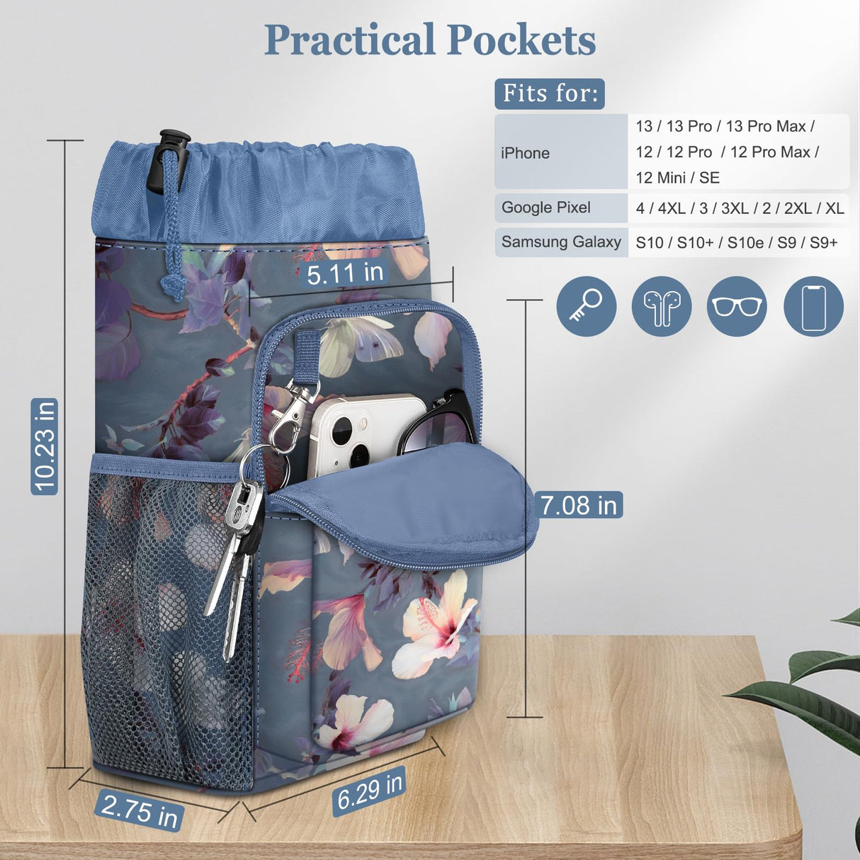 FINPAC Crutch Accessories Bag, Water-Resistant Storage Organizer Tote Bag with Drink Holder and Zipper Pouch for Crutches, Underarm Crutches Attachment (Blooming Hibiscus)