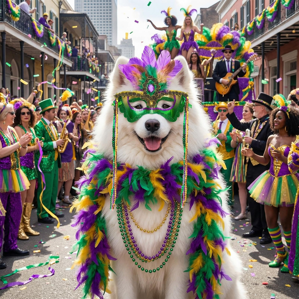 LEIFIDE 5 Pcs Mardi Gras Dog Costume Mardi Gras Pet Mask with Collar Carnival Masquerade Pet Accessories Set Golden Green Purple Puppy Dress up Feather Boa for Medium Large Dogs Outfit Decor