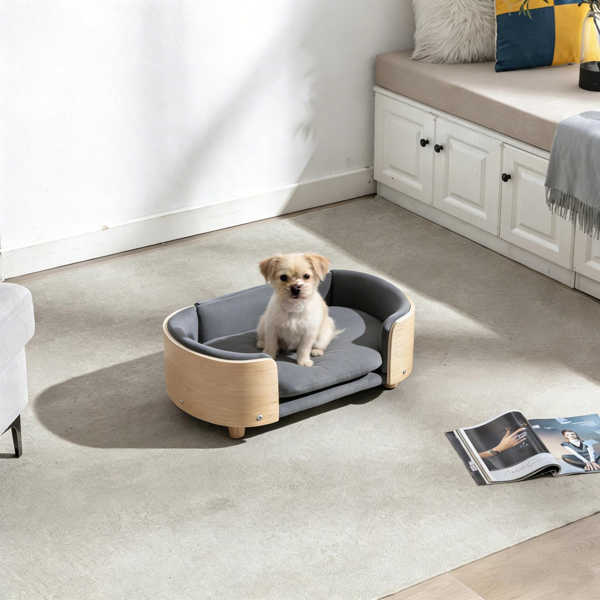 Trygoal Small Dog Sofa Bed with 2.4" Soft Foam, Removable Washable Cover, Elevated Dog Bed Pet Sofa with Solid Wood Legs & Bent Wood Back for Little Breeds, Dark Grey Velvet