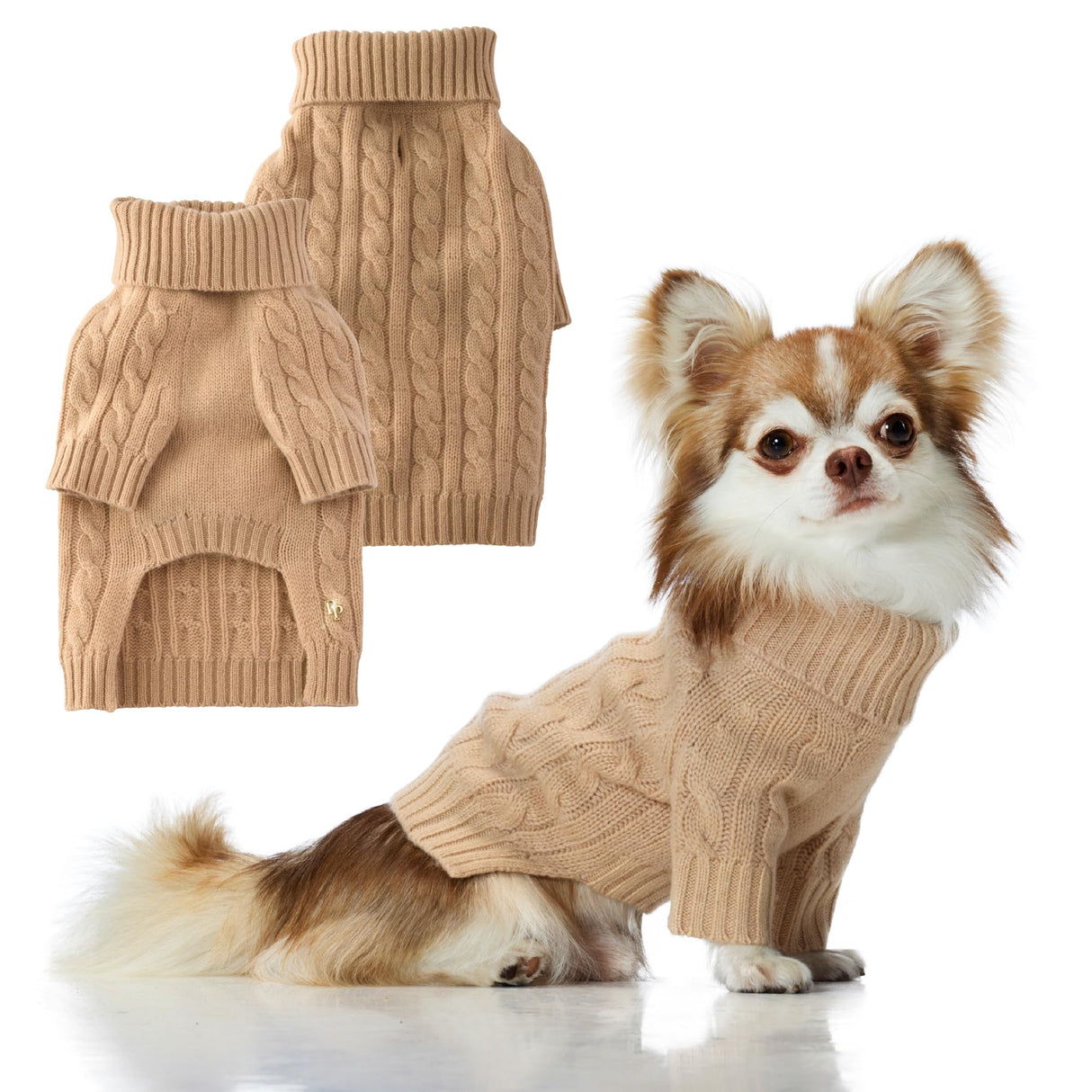 Gable – The Cable Knit Sweater Cashmere Wool Pet Pullover for Small, Medium and Large Dogs, Camel, XX-Small