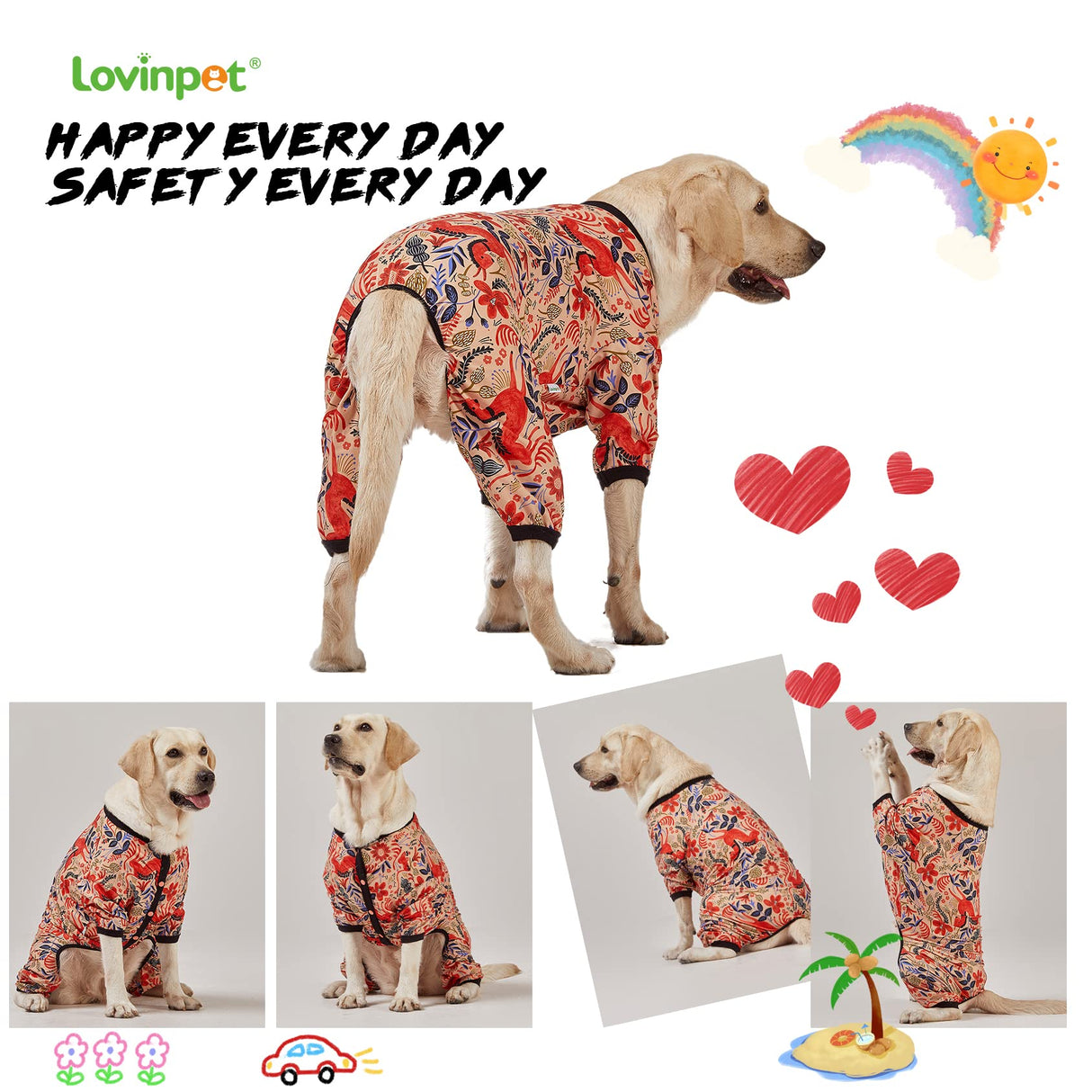 LovinPet Large Breed Dog Pajamas, Lightweight Pullover Full Coverage Dog Pjs, Pitbull Onesie, Happy Horse Coral Print, Pitbull Shirt, Pet Pajamas for Dogs, Pet PJ's, M