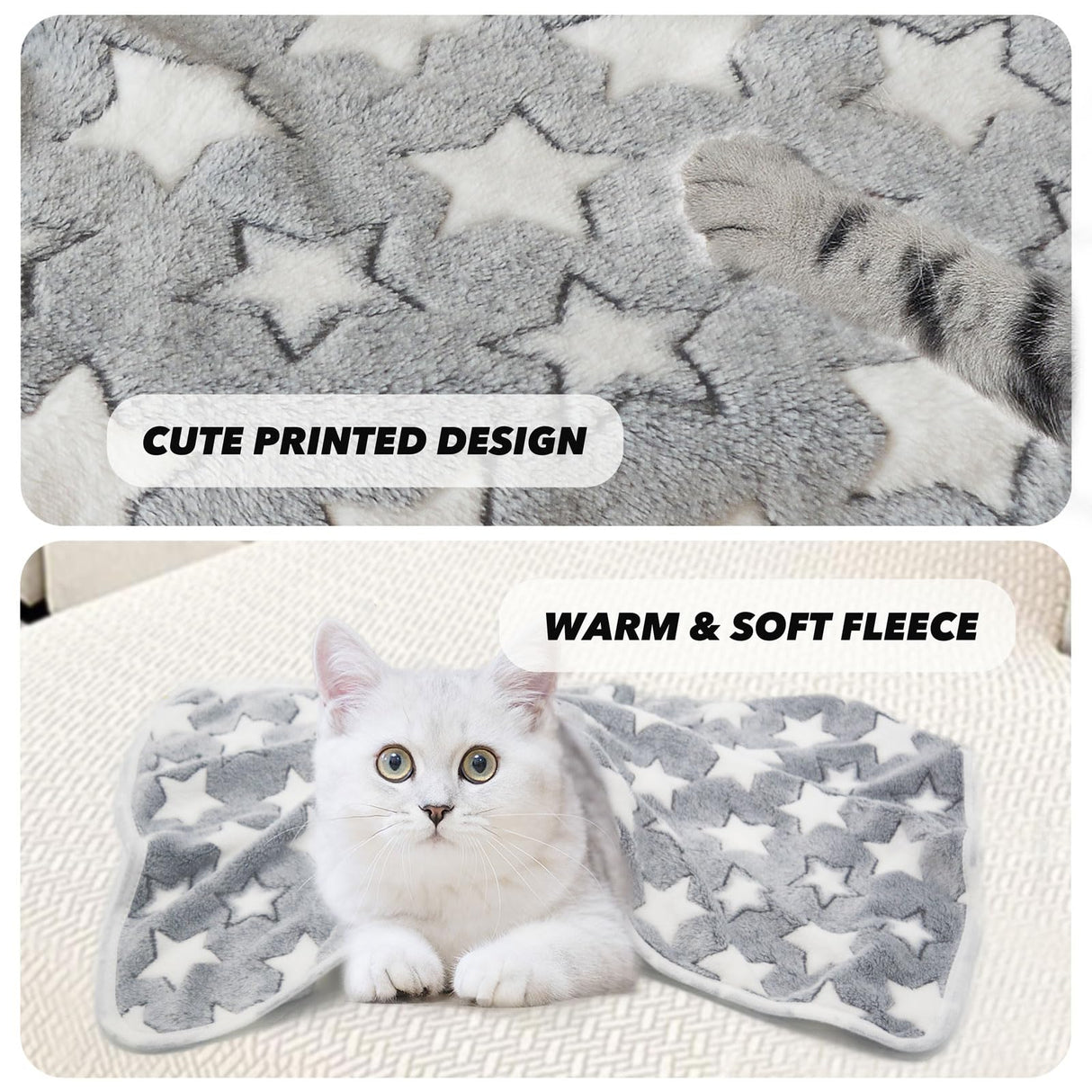 1 Pack 3 Puppy Blankets for Large Dogs Super Soft Warm Sleep Mat Grey Cute Print Fluffy Fleece Pet Throw Dog Blankets for Medium Dogs Cats,Star&Bone&Love-Large(40"x30")