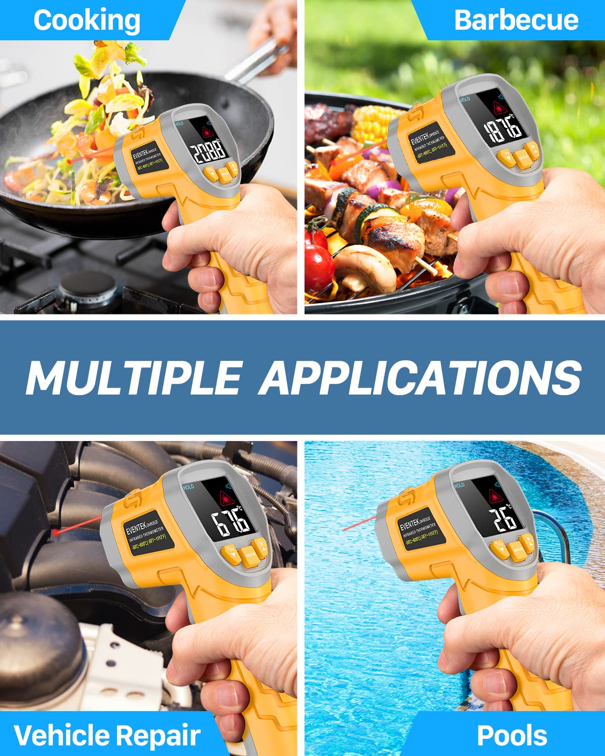 Eventek Digital Infrared Thermometer, -58℉～1112℉(-50℃～600℃) Non-Contact Laser Temperature Gun with Color Display & Adjustable Emissivity for Cooking/BBQ/Food/Fridge/Pizza Oven/Engine (Not for Human)