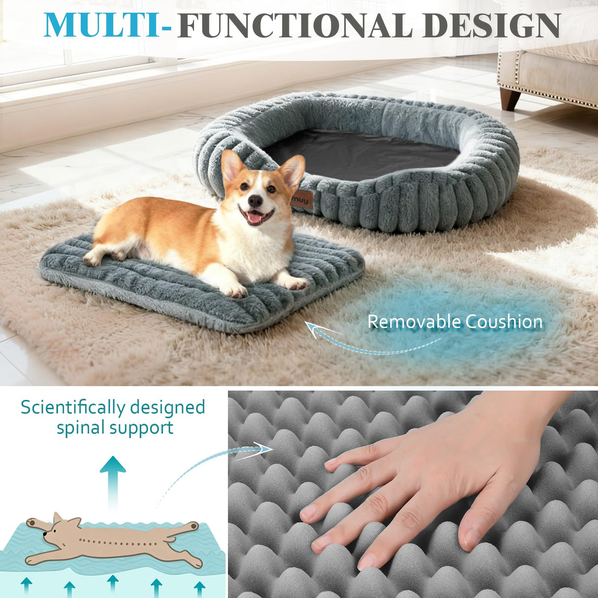 KISIMUY Cute Dog Bed for Small & Medium Dogs - Calming Orthopedic Rectangle Dog Bed with Reversible Cushion and Removable Cover, Washable Soft Pet Kennel Bed with Handle, 30x24x4Inches, Warm Grey