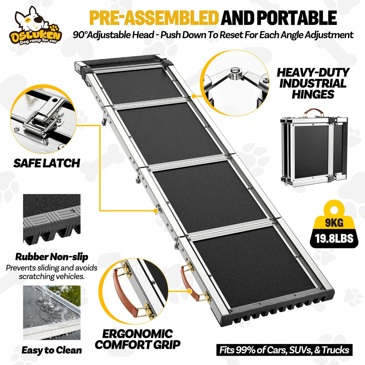 Dog Ramp for Car (200 lbs), Extra L71” W17” Folding Pet Ramp for Large Dogs 90° Adjustable Head, Outdoor Anti-Slip Foldable Dog Car Ramps for SUV Truck Side Door (5 Folded)