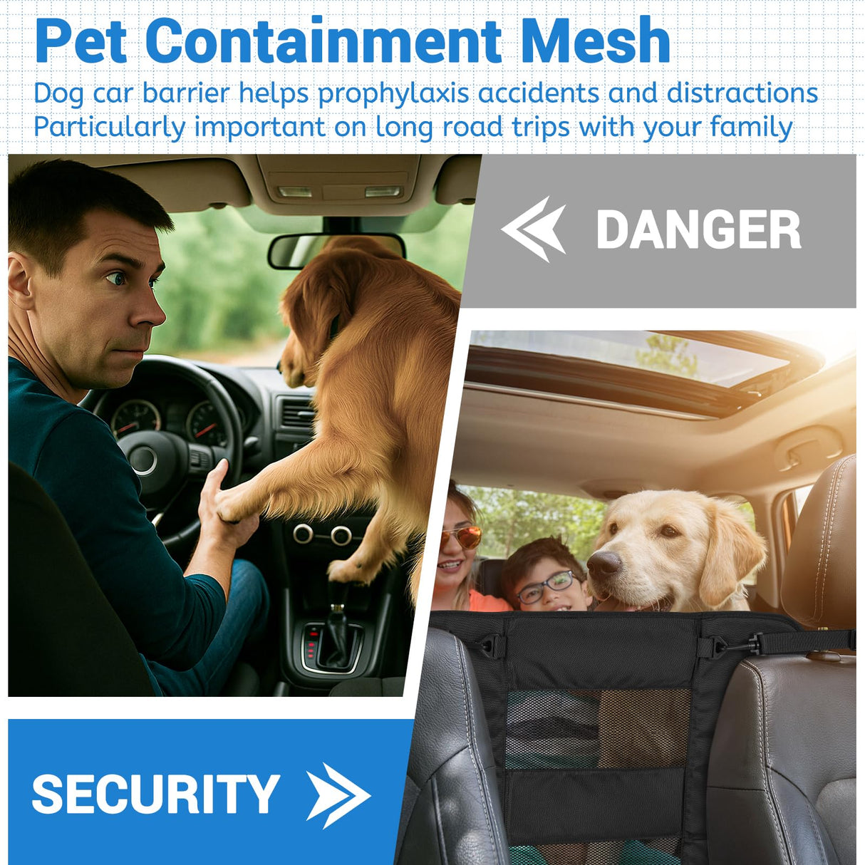 Wellbro Dog Car Backseat Barrier, Padded and Durable Nylon Net Pet Barrier, Vehicle Travel Dog Fence with 2 Mesh Windows, for Safe Driving, Easy to Install and Adjust for All Cars