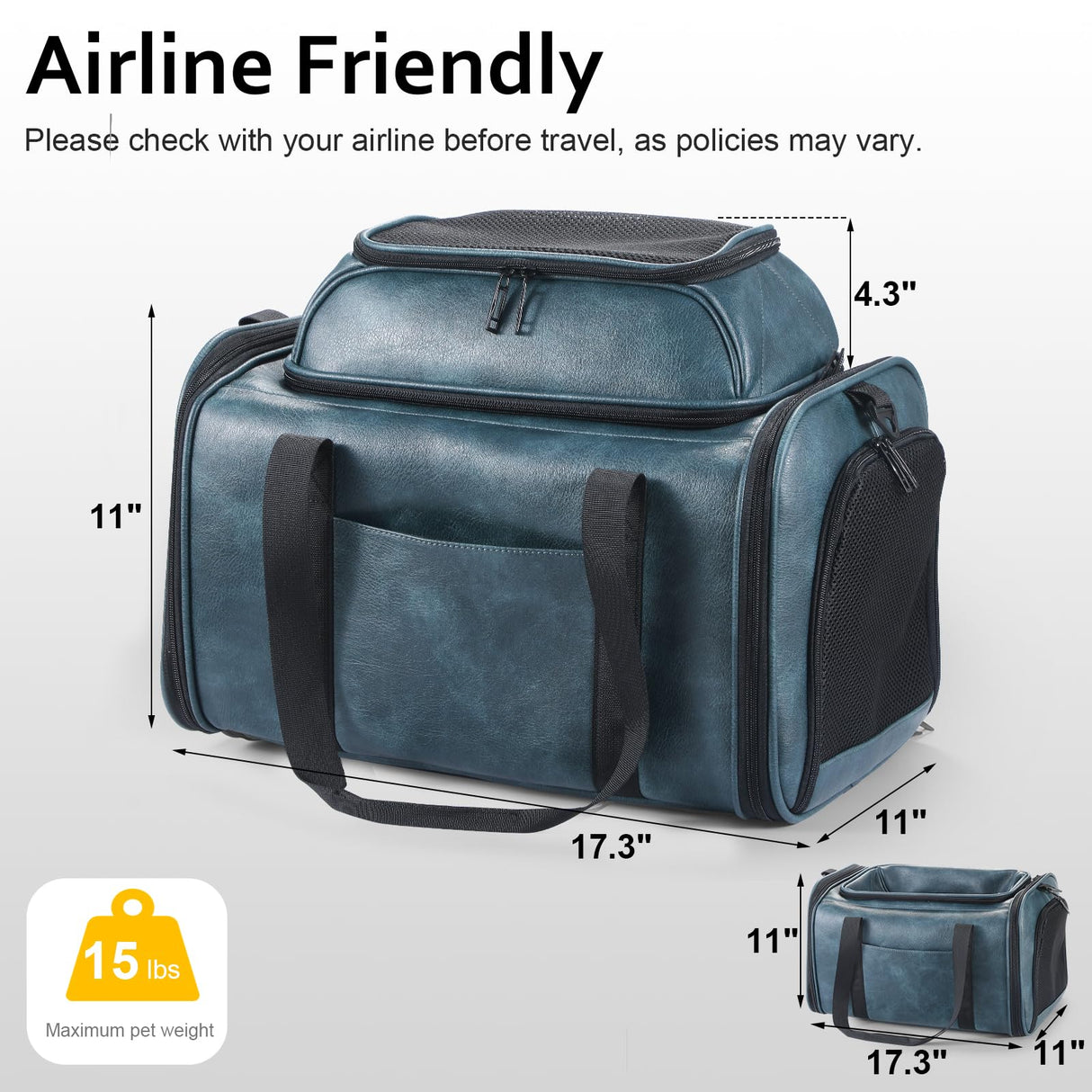 Bosnanller Premium Leather Top Expandable Pet Carrier for Small Dogs & Cats Under 15 lbs, Airline Approved Collapsible Soft-Sided Luxury Travel Bag Blue