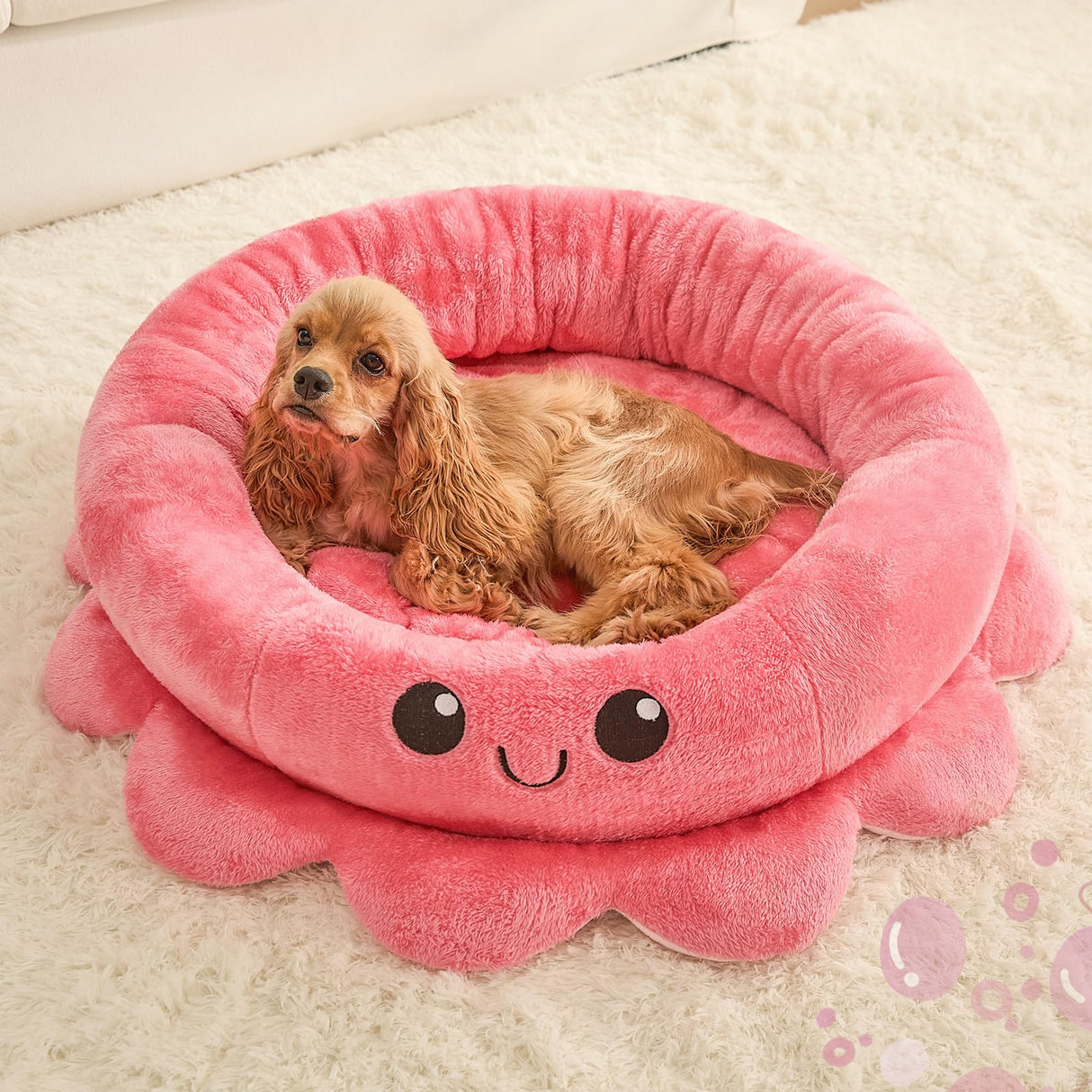 Jiupety Cute Calming Dog Beds Clearance for Large Dogs, Anxiety Bolster Dog Bed with Octopus Shape, Pink, Red, Boho, Round Pet Bed Cat with Removable Cushion