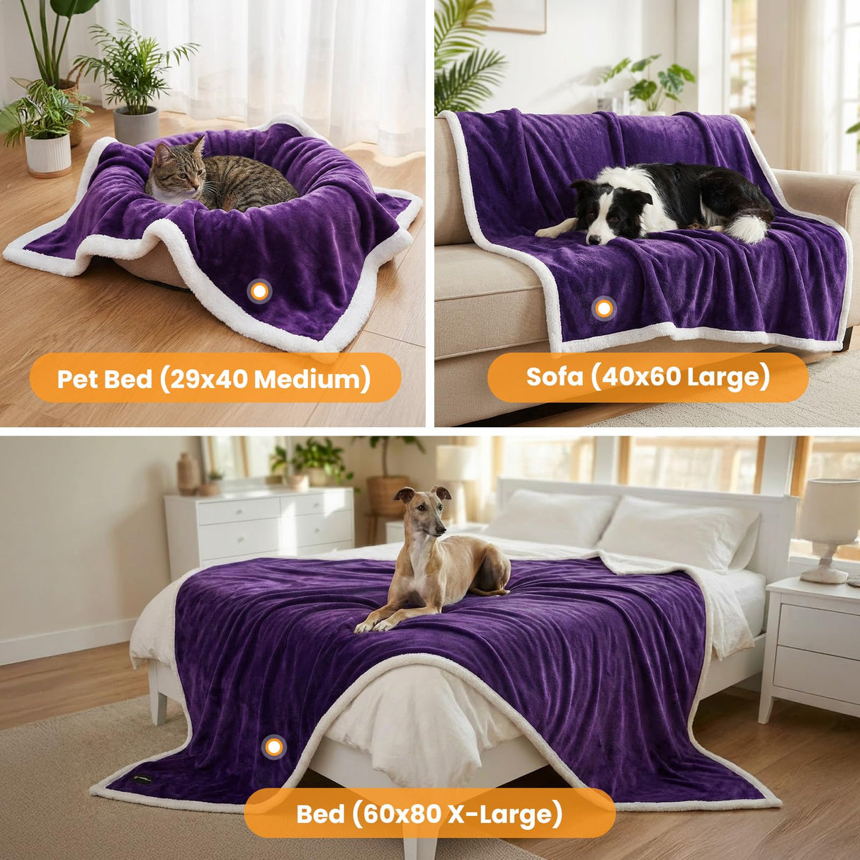 BoxZone Waterproof Dog Blanket for Couch – Double Sided Washable Cat Puppy Blanket, Durable Furniture Protector for Dogs and Cats, Purple White L(60×50)"