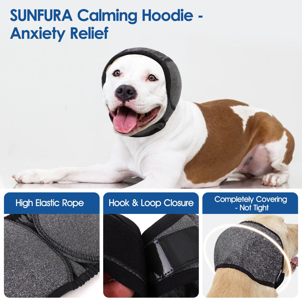 SUNFURA Dog Calming Hoodie - Anxiety Relief Quiet Ears for Dogs, Dog Ear Muffs Cover Noise Protection, No Shake Head Wraps Hematoma for Grooming, Force Drying, Bath, Grey M