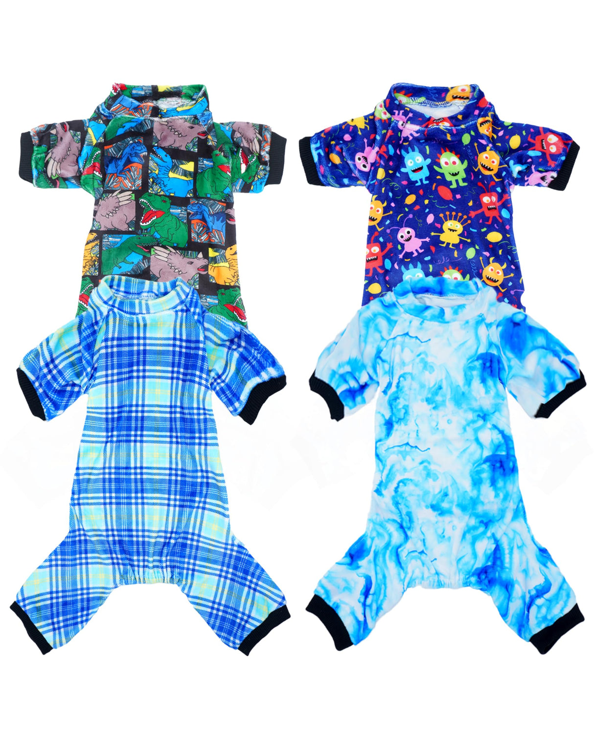 PET SHOW 4 Pack Small Dog Pajamas Cute Dinosaur Monster Clothes for Medium Dogs Soft Stretchy PJs Plaid Jumpsuit Puppy Tie Dye Onesies Outfits with Sleeve Pets Dachshund Costume(XXL, Blue for Boys)