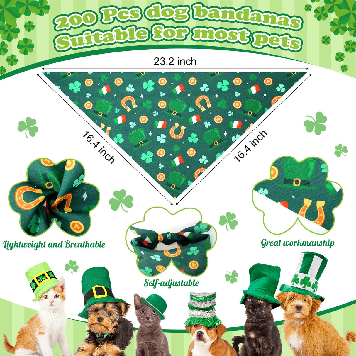 Cuffbow 200 Pcs St. Patrick's Day Dog Bandanas Bulk with Sayings Dog Bandanas Triangle Scarf Puppy Bibs Pet Costume Adjustable Cat Outfit Washable Bibs Kerchief for Small Medium Pet