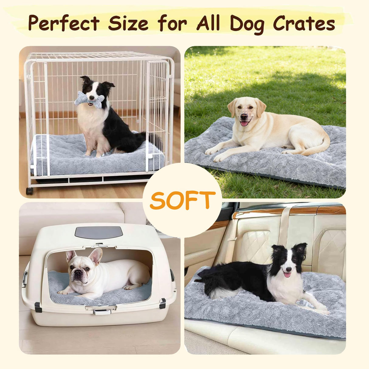 Razyzil Washable Dog Bed for Small to Large Dogs, Calming Anti Anxiety Medium Dog Bed, Deluxe Plush Faux Fur Crate Beds, Comfy Fluffy Kennel Pad Pet Sleeping Mat with Non-Slip Bottom, 41"x27", Gray