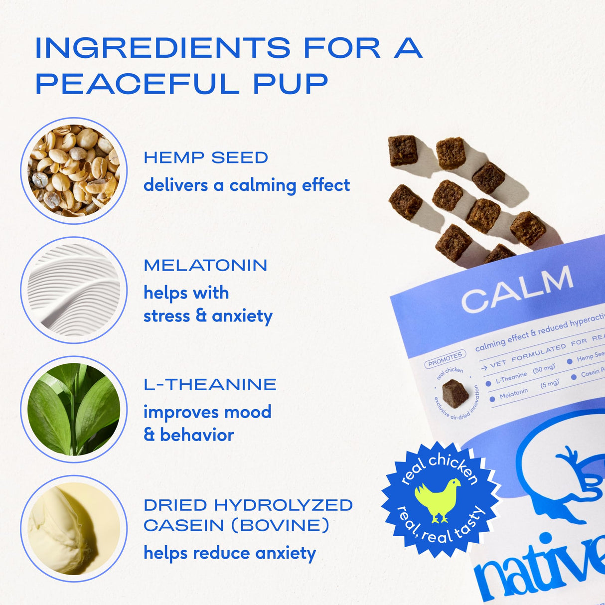 Native Pet Calming Chews for Dogs - Melatonin for Dogs Anxiety Relief - Grain Free All Natural Hemp Calming Treats & L-Theanine Helps Manage Stress & Separation Anxiety - Puppy Sleep Aid - 60 Chews