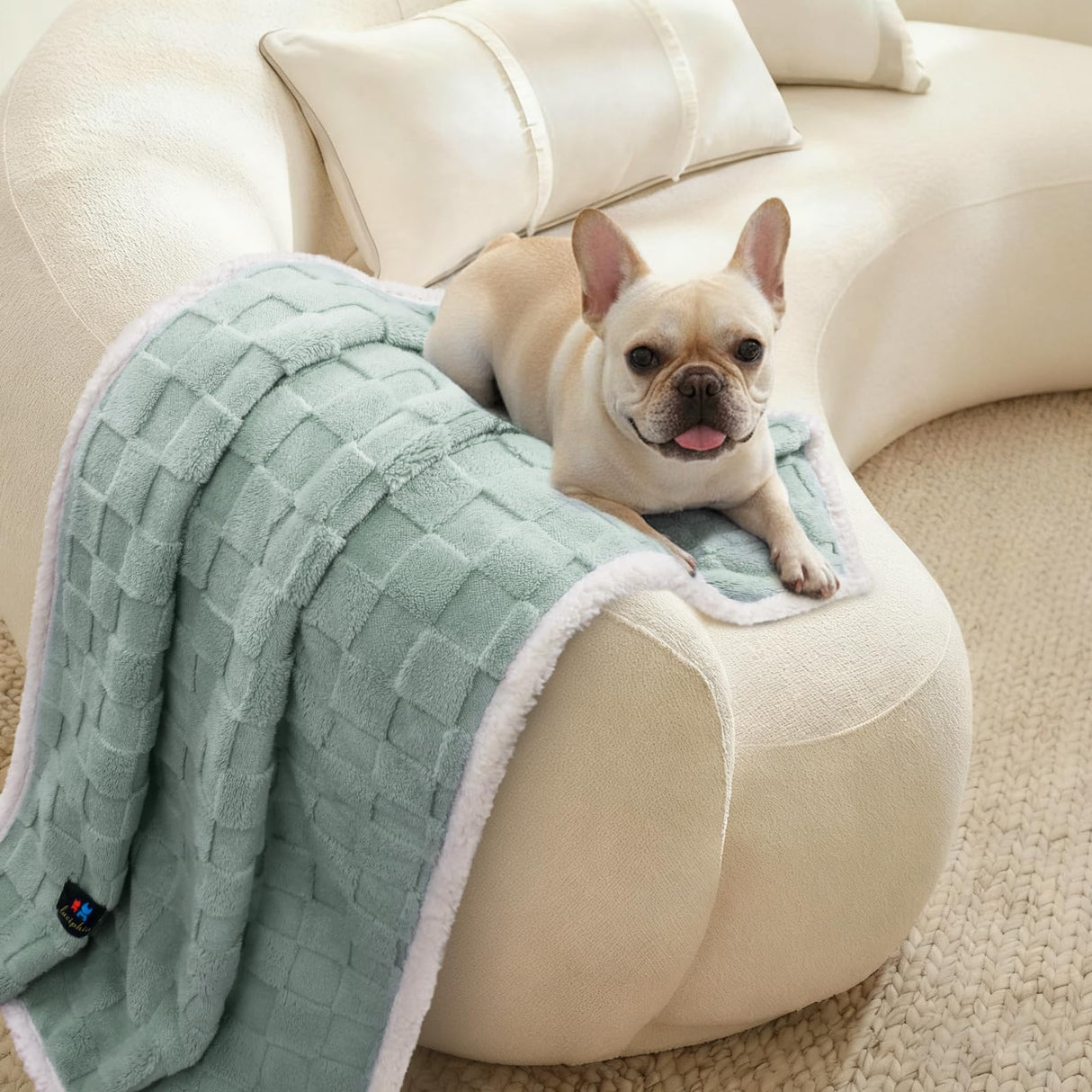 Luciphia Waterproof Dog Blanket for Large Dogs Washable Soft Sherpa Fleece Cat Blankets with 3D Jacquard Cozy Calming Reversible Bed Couch Protector Furniture Protection, Green White, 85x57 inch