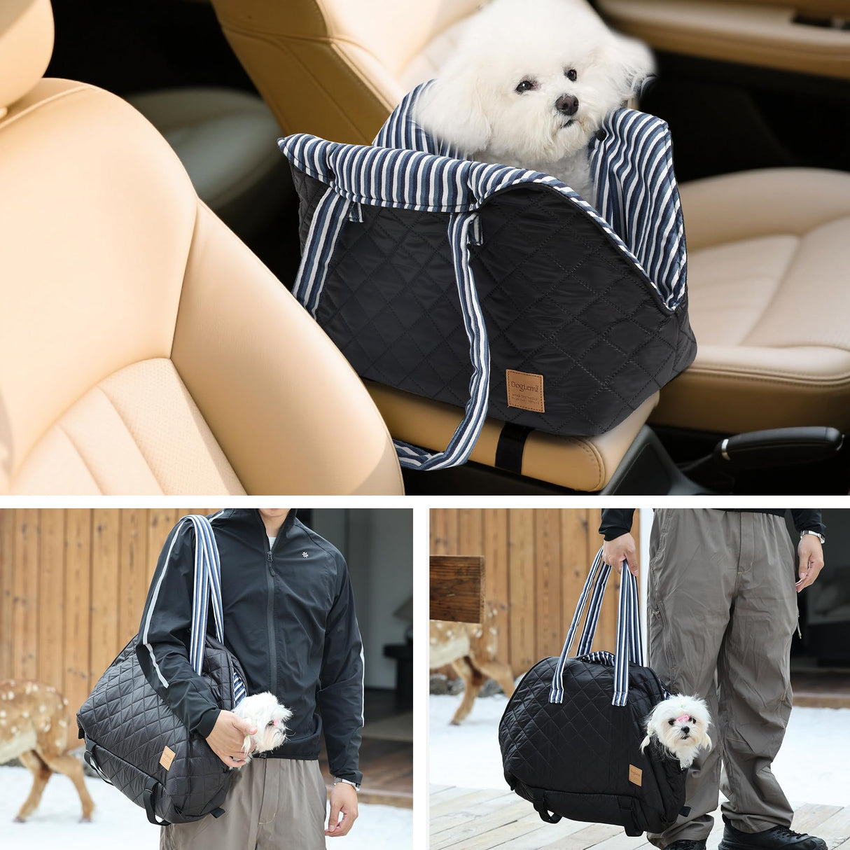 Small Dogs Under 12 lbs Adjustable Portable Center Console Car Seat, Built-in Bubble wrap, Fits Most Cars & SUVs with Convenient Handbag Functionality, Stylish Travel Pet Bag (Black)