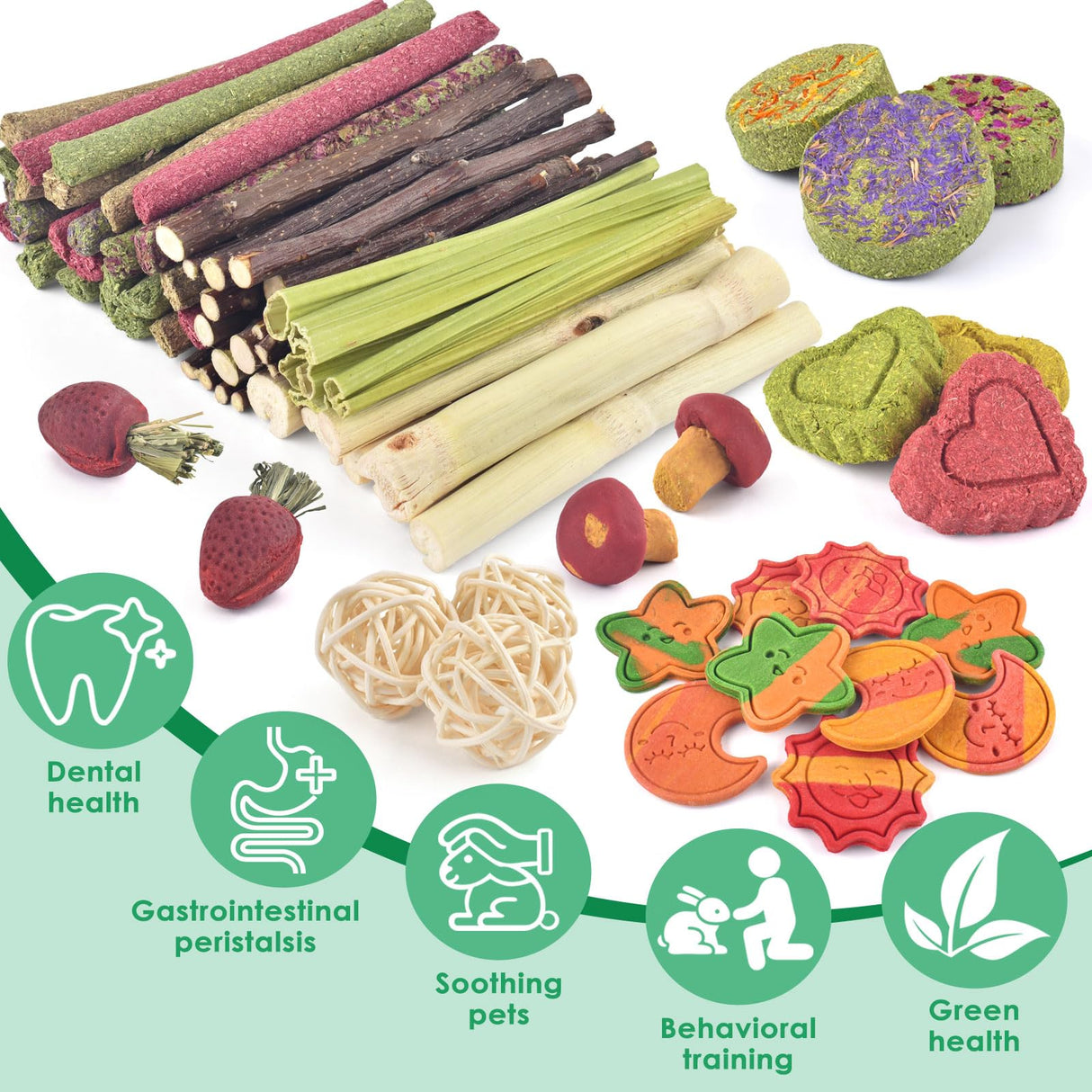 ERKOON 80PCS Bunny Chew Toys for Rabbits Teeth, Natural Rabbit Toys Apple Wood Sticks, Carrot, Timothy Grass Treats for Small Pets, Hamster, Chinchilla, Guinea Pig Dental Care and Treat Teething Toys