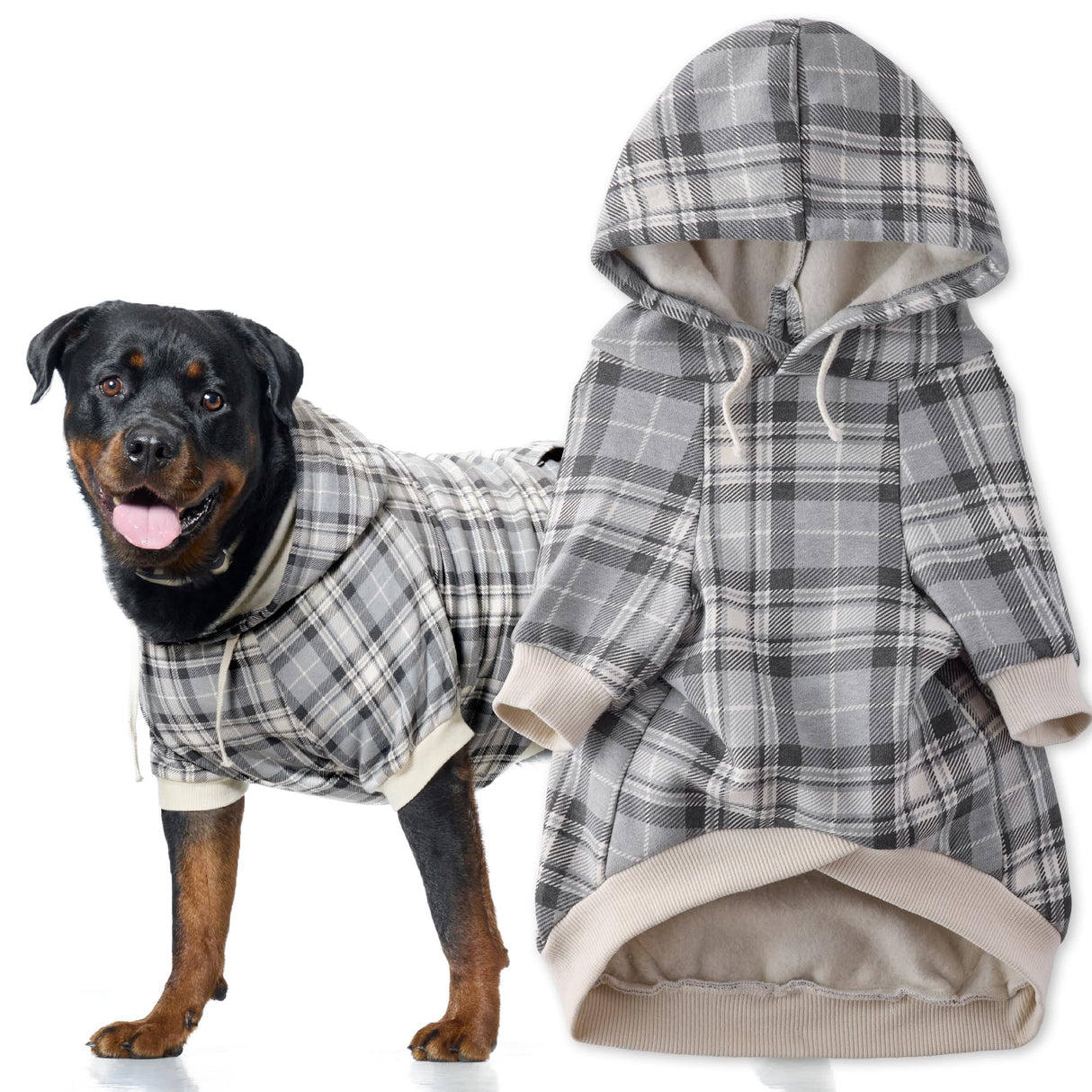 Pet Passion Rocky II - The Extra Comfy Hoodie, Organic Cotton and Recycled Poly Dog Hoodie Pet Coat Sweater for Small, Medium, Large Dogs, Gray Chesterfield Plaid, Large