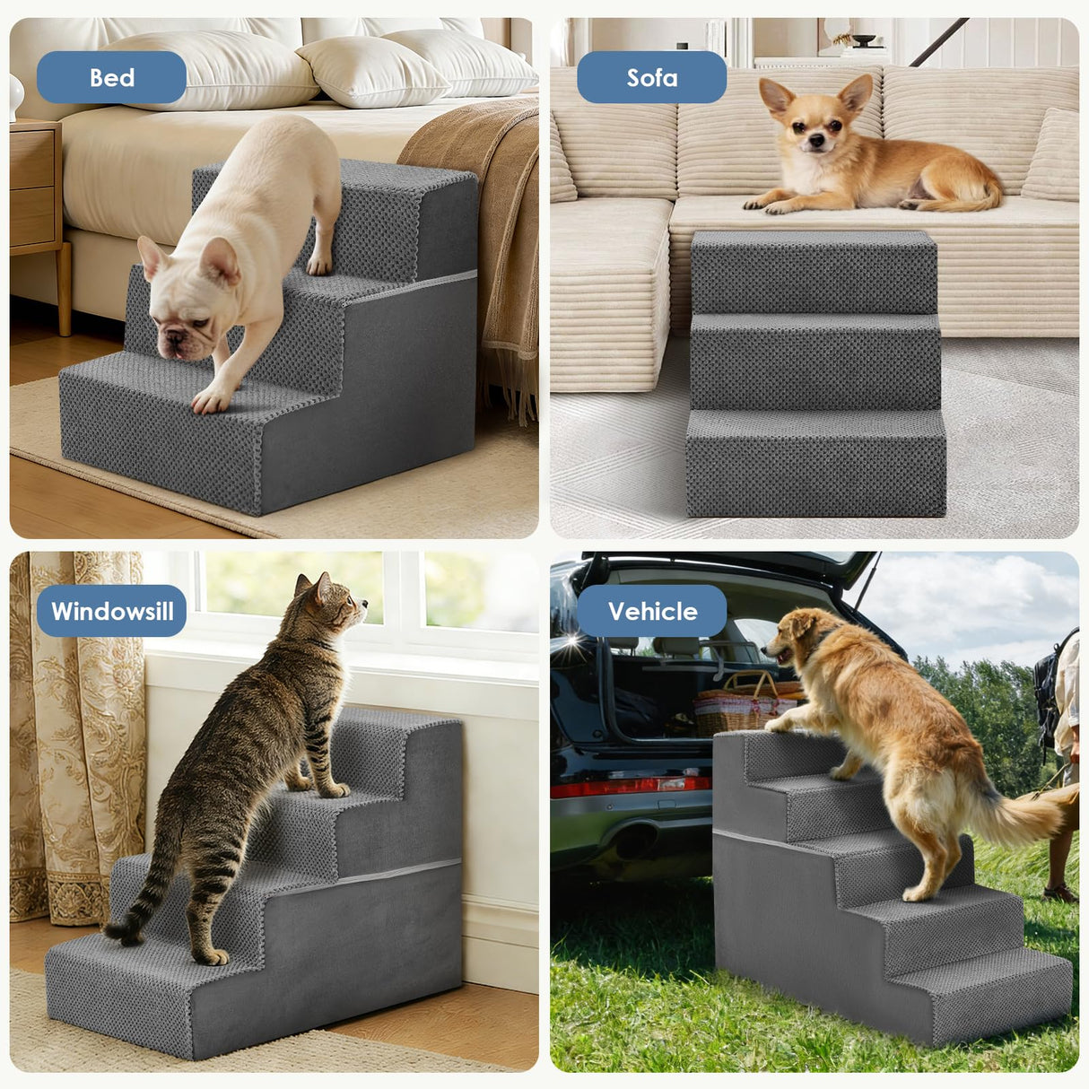 DUMOS Dog Stairs for Medium Dogs, 5-Steps Non-Slip Balanced Extra Wide Indoor Foldable Dog Steps with Density Foam & Washable Cover, Cat Puppy Old Pet Stairs for High Bed, Couch, Sofa - Grey, 27" H