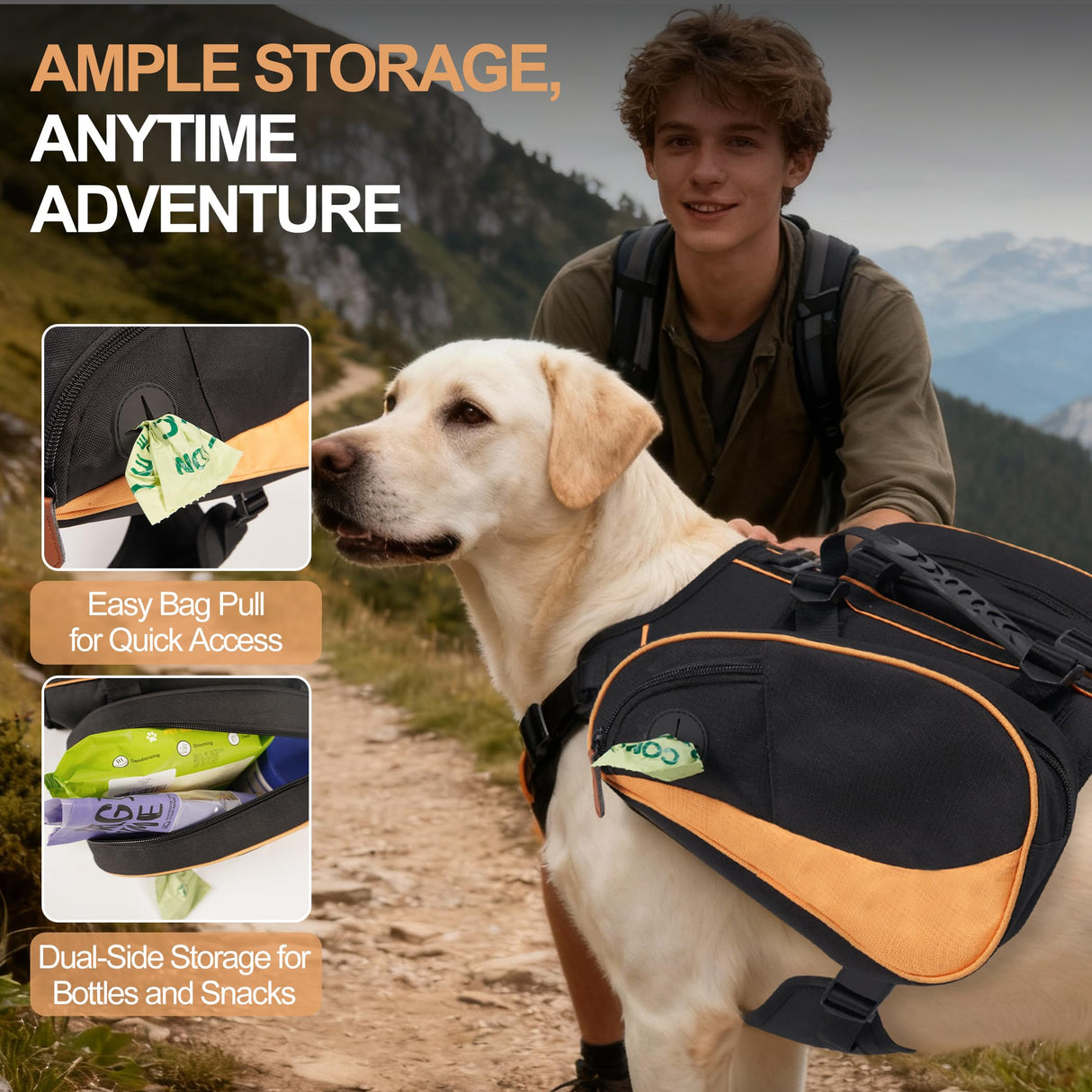 Dog Backpack Harness Suitable for Small Dogs, Adjustable Lightweight Pet Harness, Dog Carrying Bag Built-in Poop Bag Dispenser, Waterproof and Safe, Suitable for Hiking, Or Daily Walks, S