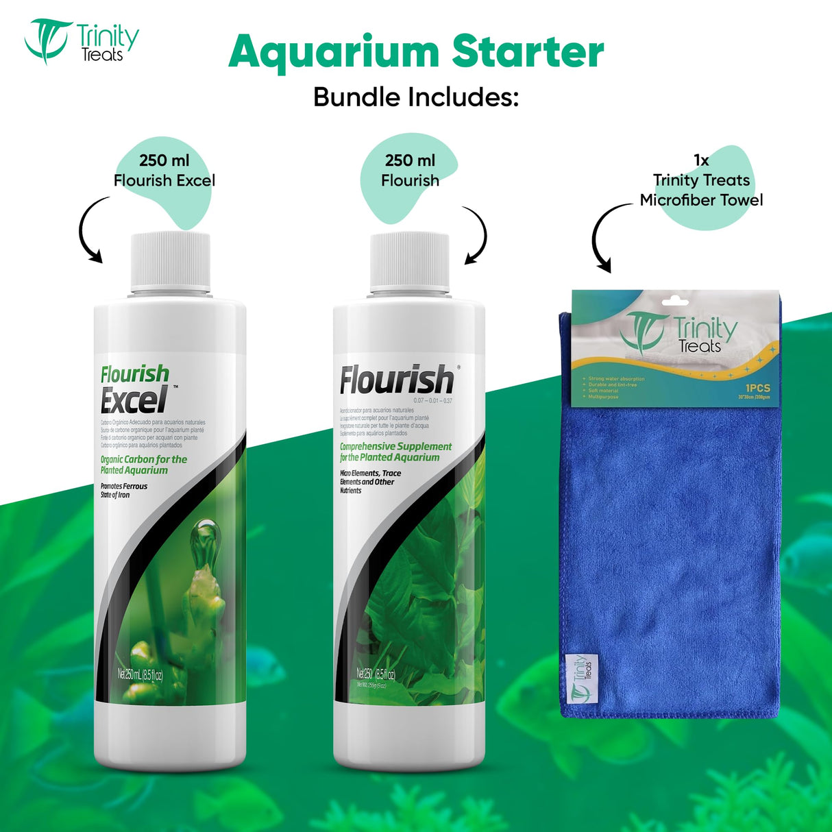 Trinity Treats Flourish Supplement 250ml, Flourish Excel Organic Carbon 250ml including Microfiber Cleaning Cloth(Flourish planted Aquarium Supplement Flourish Excel Organic Carbon for Aquatic Plants)