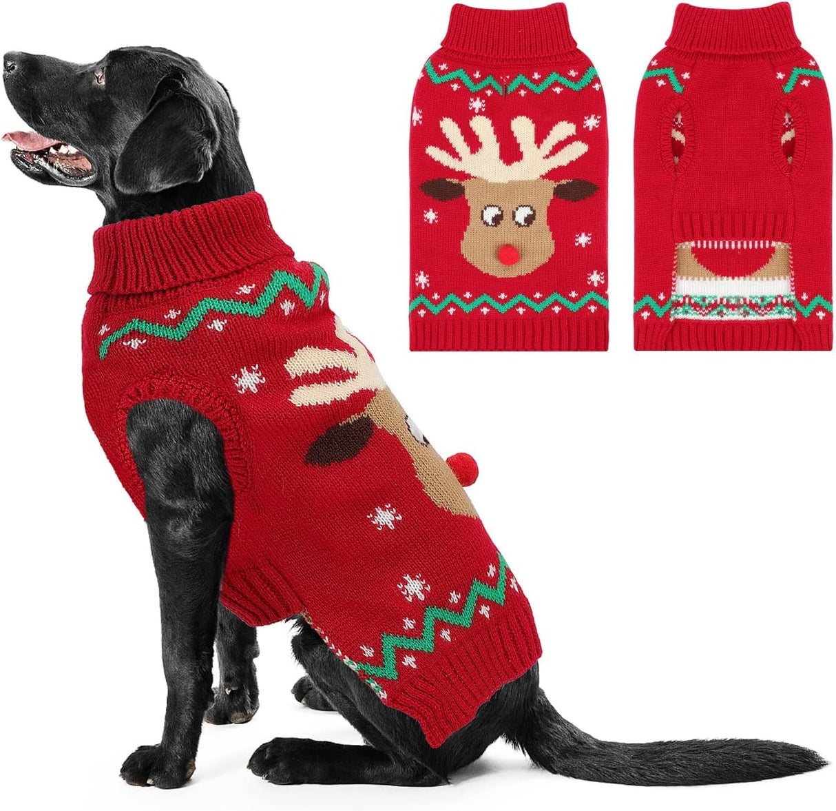 HUMLANJ Christmas Dog Turtleneck Sweater Winter Reindeer Snowflake Sweater with Leash Hole Puppy Knitwear Pullover Holiday Sweaters for Small Medium Large Dogs XXL