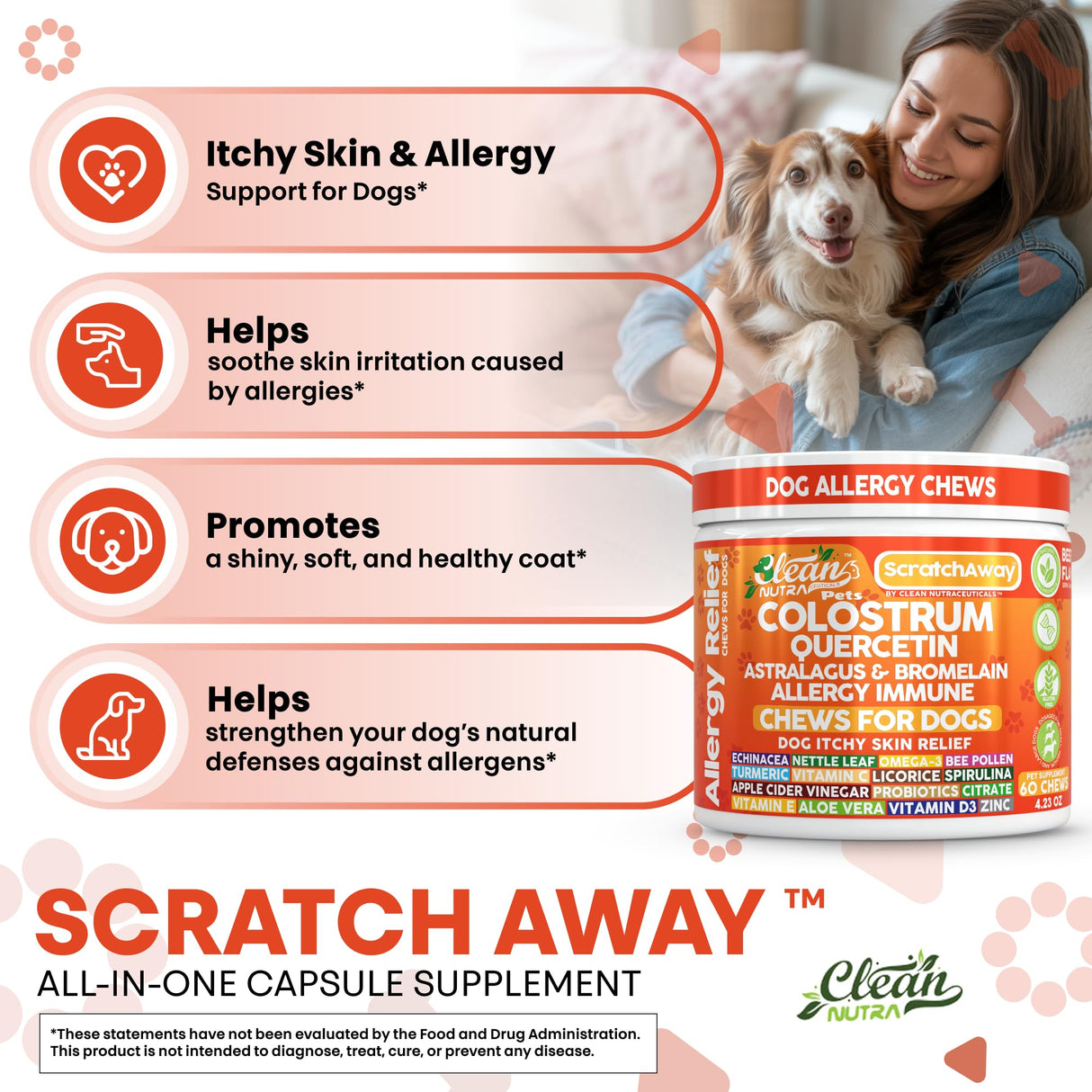Dog Allergy Chews and Itchy Skin Relief for Dogs | Colostrum Quercetin Astragalus Bromelain | Immune Anti Itch Coat Supplement Aller Ichting Bites Treatment Paw Allergies + Echinacea Nettle Omega 3