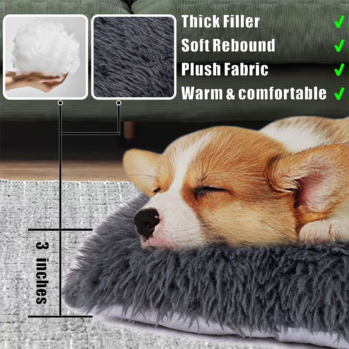 Machine Washable Dog Bed, Deluxe Plush Dog Crate Pad and Cat Bed, Anti-Slip Bottom Kennel Pad Mat, Fuzzy Pet Beds for Large, Medium, Small Dogs Breeds (Dark Grey, 36.0"L x 24.0"W x 3.0"Th x 1 Pack)