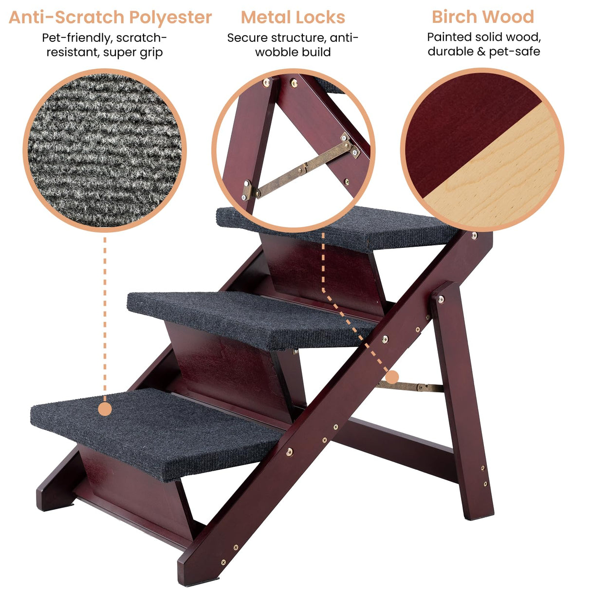 MEWANG Wooden Pet Stairs/Pet Steps - 3-in-1 Foldable Stairs & Ramp for Beds and Cars - Portable Dog/Cat Ladder Up to 220 Pounds - Great for Small and Older Animals(Brown) (24.8" L x 17.2" W x 19.5" H)