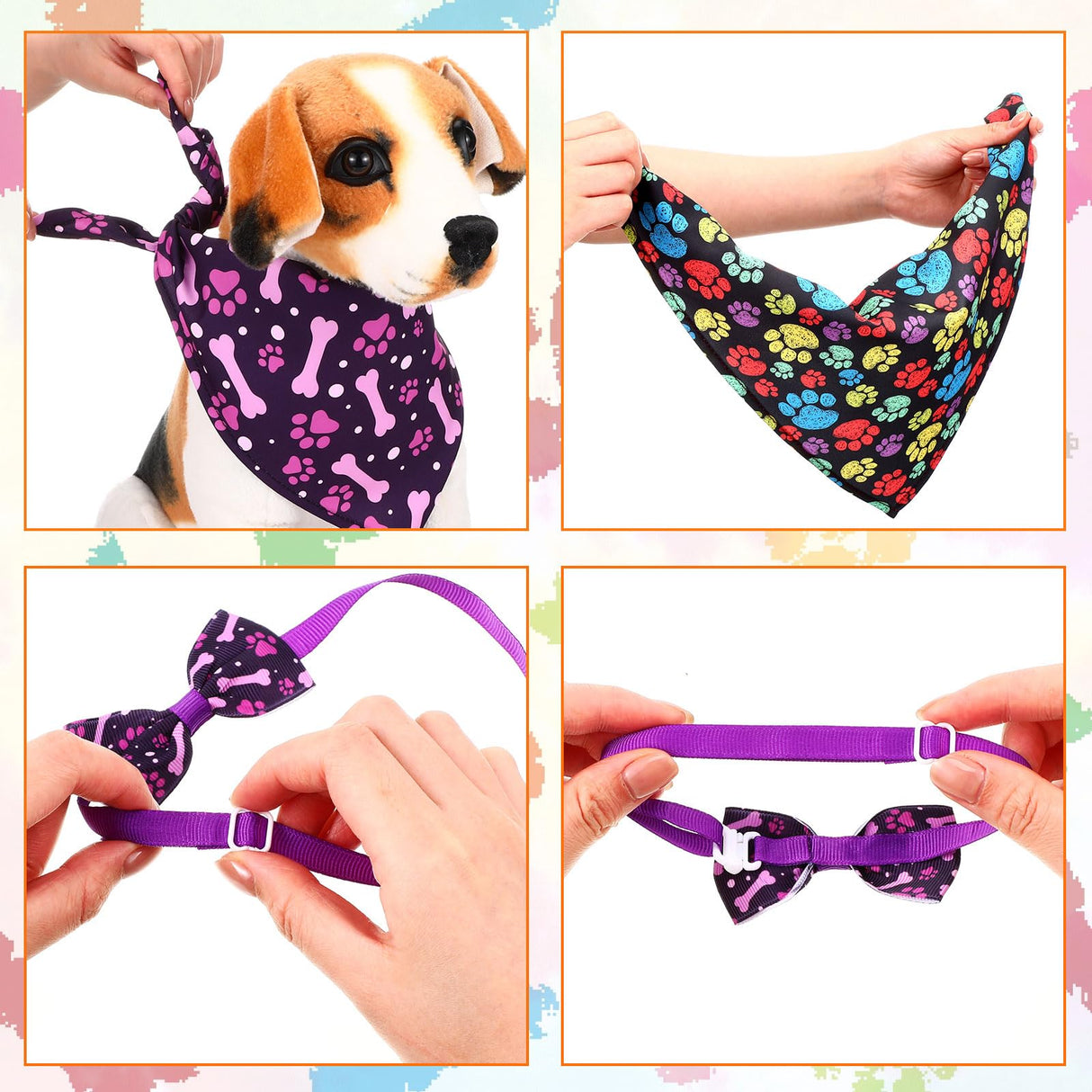 Hosuly 50 Pcs Paw Bone Print Dog Bandana Collar Set Value Package Includes Dog Bow Tie Necktie Collar Pet Scarf Bow Flowers Hexagonal Bowtie Cat Grooming Accessories for Pet Festival Photography