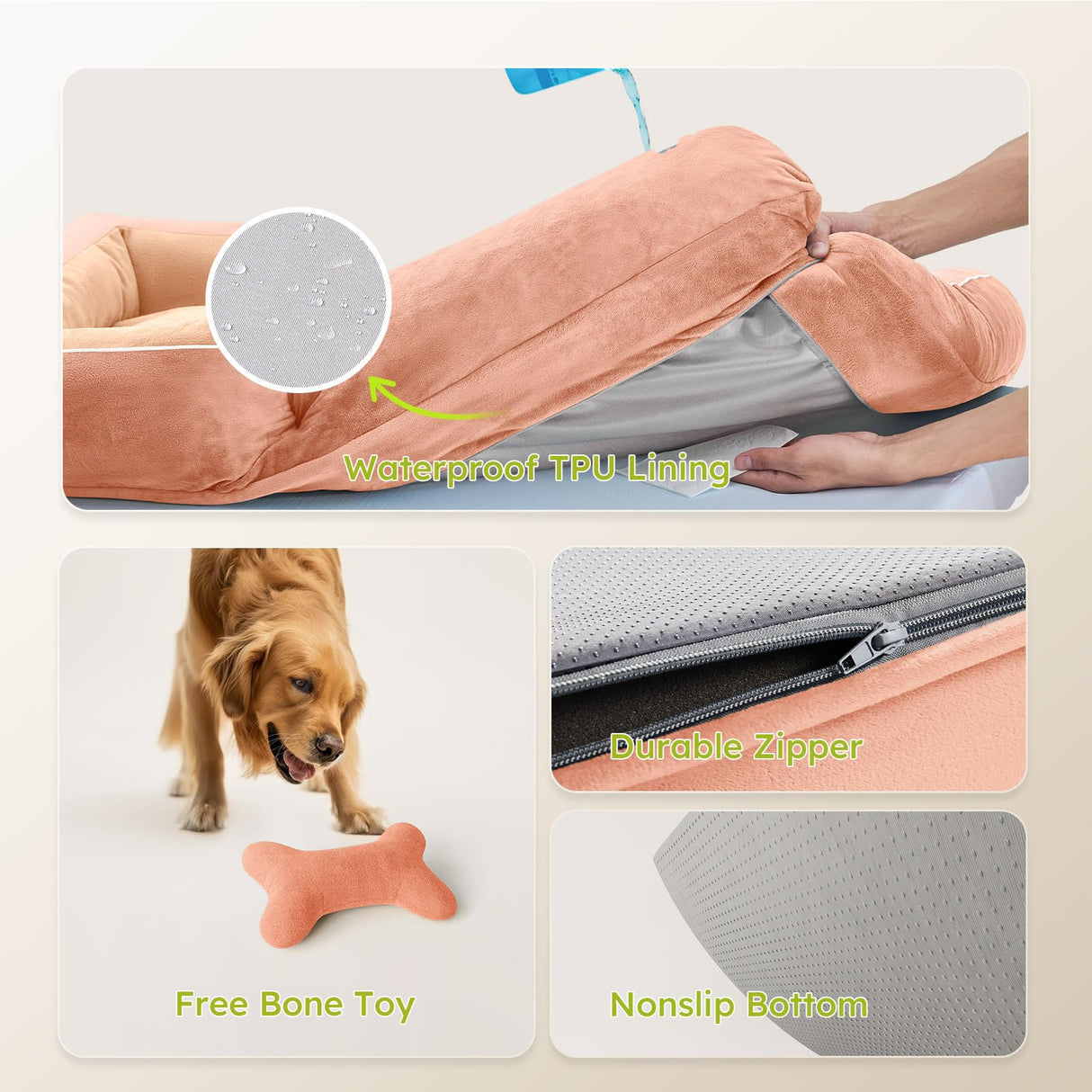 CWAWZ Extra Large Dog Bed, Orthopedic Dog Bed with Cooling Gel Memory Foam, Waterproof XL Pet Bed with Removable Washable Cover, 42" Pet Sofa Couch Dutch Velvet with Bone Toy, Peach Pink
