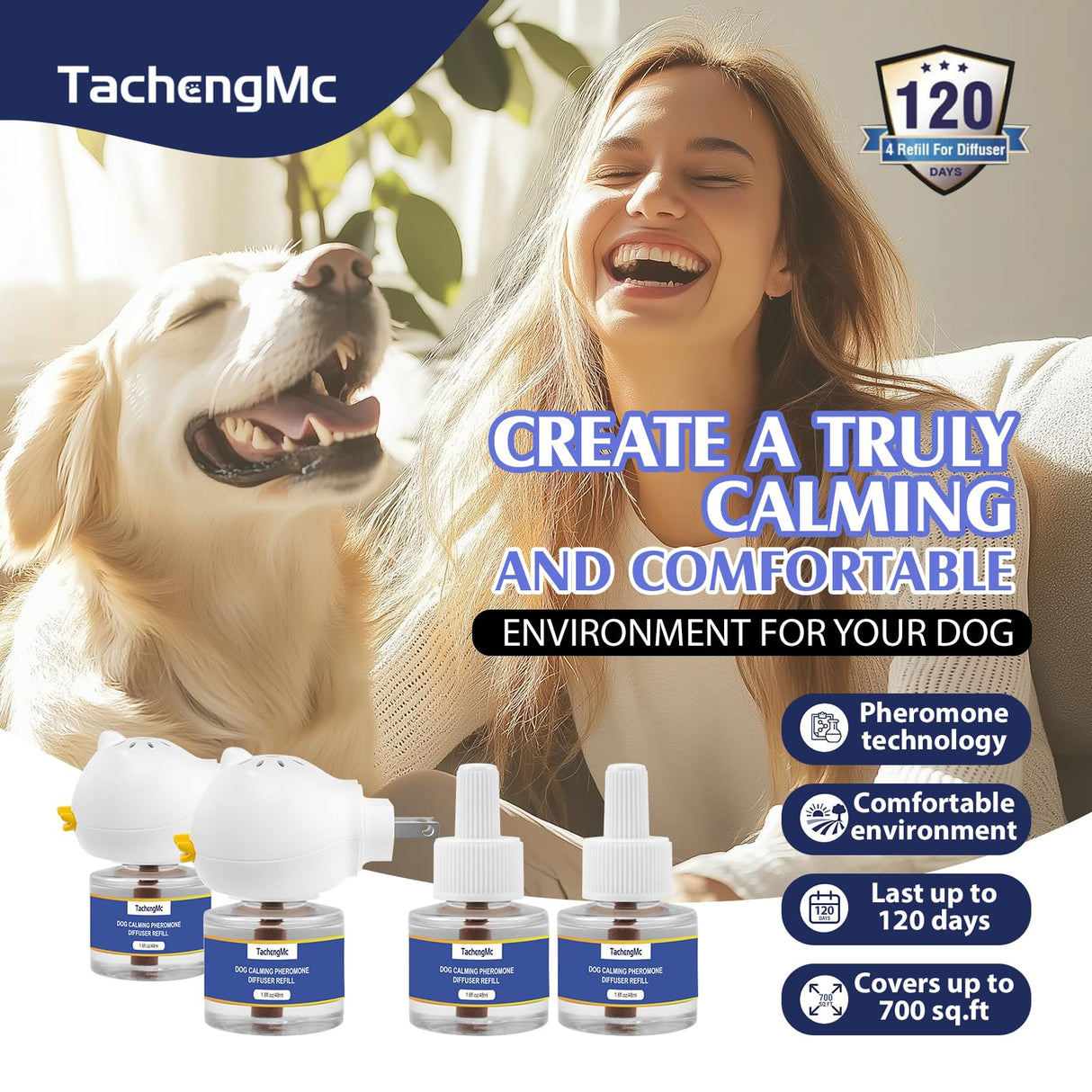 TachengMc Dog Calming Pheromones Diffuser, 6 in 1 Kit Appeasing Pheromone Diffuser to Calm Dogs, Dog Anxiety Relief Lasting 120 Days with 2 Diffuser + 4 48ml Refill