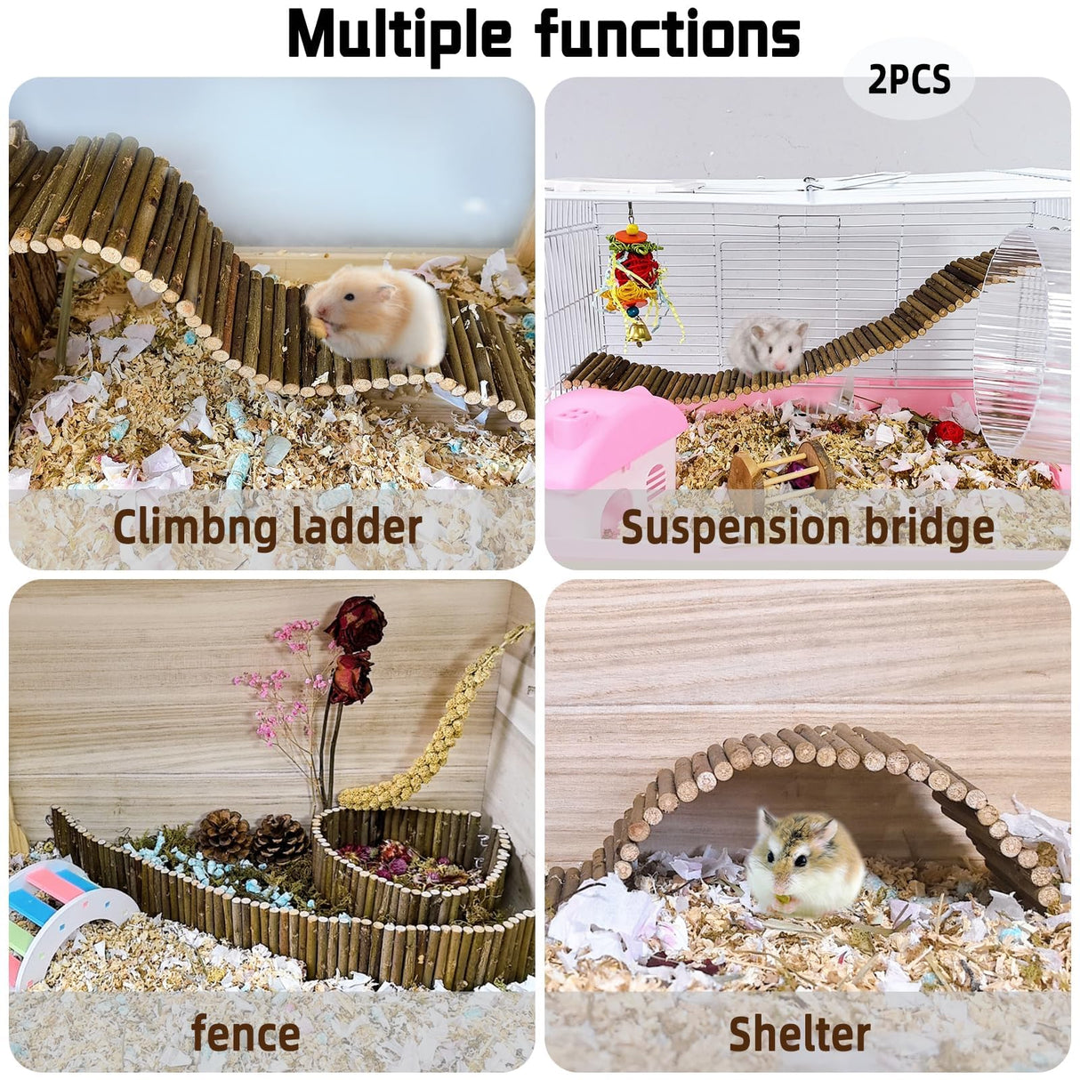 Rat Bendy Long Suspension Bridges Hamster Climbing Ladder Flexible Wooden Bridge for Dwarf Hamster Sugar Glider Rodents Mouse(2PCS)