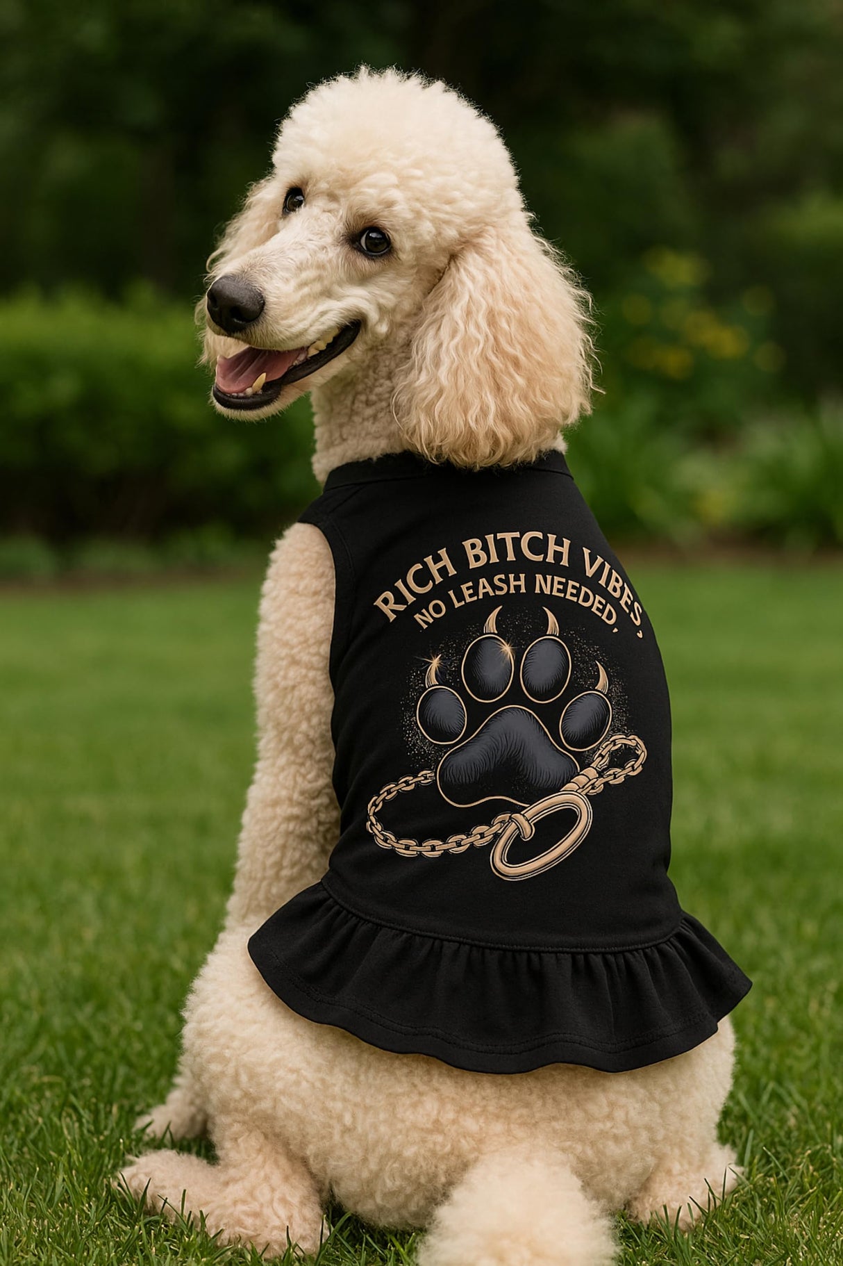 Rich Vibes Luxury Dog T-Shirt Dress – Soft Cotton Blend Designer Pet Outfit for Confident Dogs, Breathable Fashion Tee Dress for Large Breeds, Premium Everyday Dog Apparel (Black, 5XL)