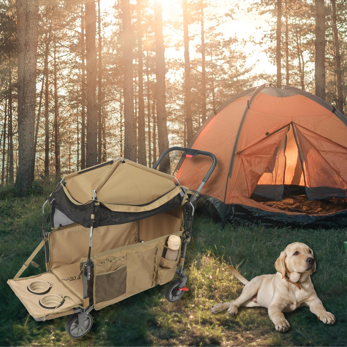 LONGDOG IMPRESSIONS Foldable Pet Wagon Dog Stroller with Removable Fully Zipped Tent, Pet Travel Wagon with Extendable Ramp Built-in Storage Attached Water and Food Station