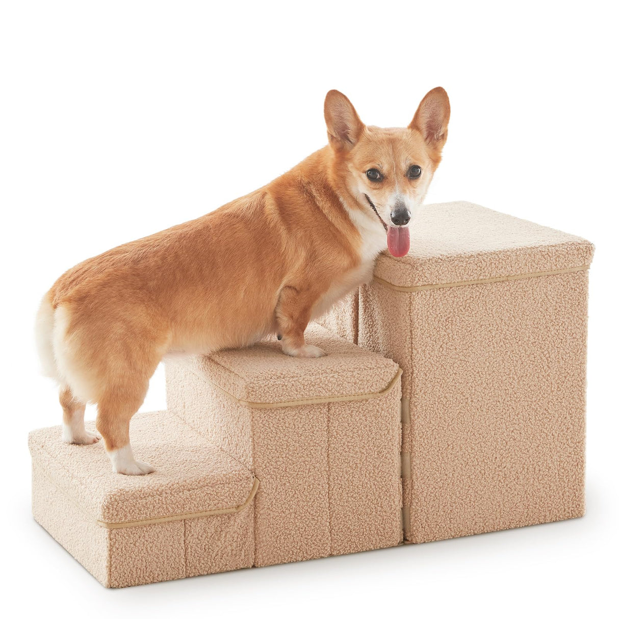 Dog Stairs with Storage, 3-Step Sturdy Dog Steps for Small Medium or Large Older Dogs Cats, Folding Pet Stairs Climbing Sofas, high beds, Windows and Cars (Beige, No Condo,16.7" H)