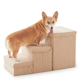 Dog Stairs with Storage, 3-Step Sturdy Dog Steps for Small Medium or Large Older Dogs Cats, Folding Pet Stairs Climbing Sofas, high beds, Windows and Cars (Beige, No Condo,16.7" H)