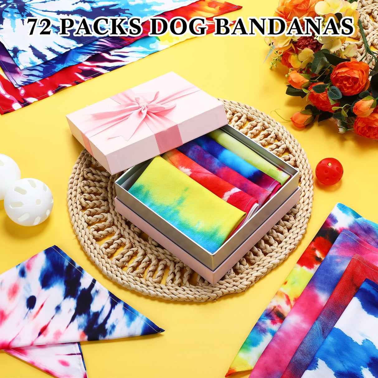 Reginary 72 Pack Tie Dye Dog Bandanas - Bulk Pet Scarf Bibs Triangle Kerchief Adjustable for Pet Grooming Costume Accessories