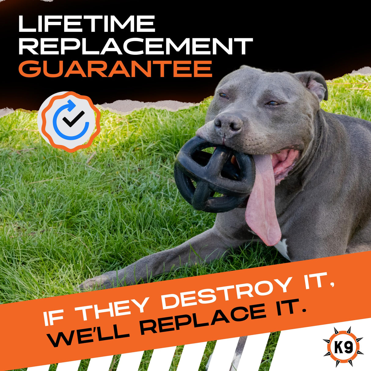 Monster K9 Indestructible Dog Ball – Lifetime Replacemnet - Durable Dog Toy for Aggressive Chewers - Safe, Non-Toxic Natural Rubber - Chew, Tug & Fetch - Tough, Heavy Duty - 5.5” (2X Tennis Ball Size)