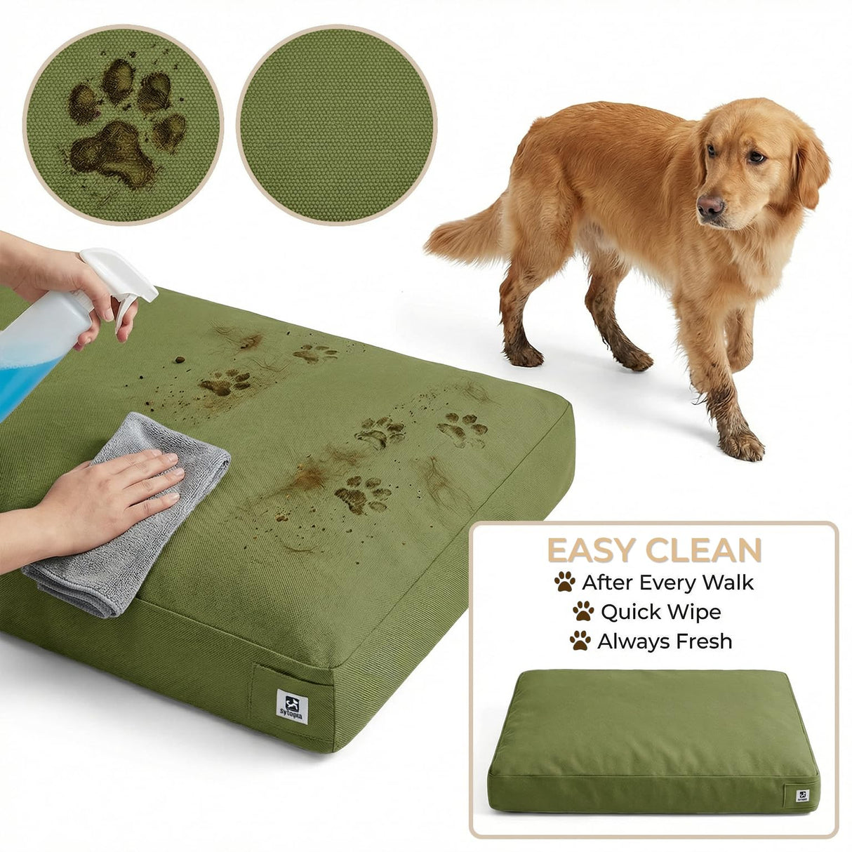 Sytopia Indestructible Waterproof Canvas Outdoor Dog Bed, 42 Inch Chew Proof Pet Bed for Extra Large Dogs, Washable Removable Cover, Indoor Outdoor Patio Pad, Green