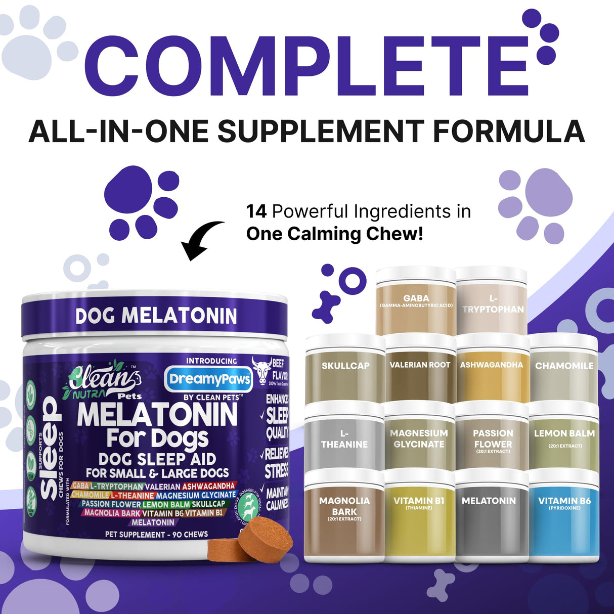 Dreamy Paws Melatonin for Dogs Dog Calming Sleep Supplement - Melatonin GABA Tryptophan Valerian Magnolia Bark Passion Flower Magnesium Ashwagandha Restful Sleep 90 Chews Beef Flavor by Clean Pets