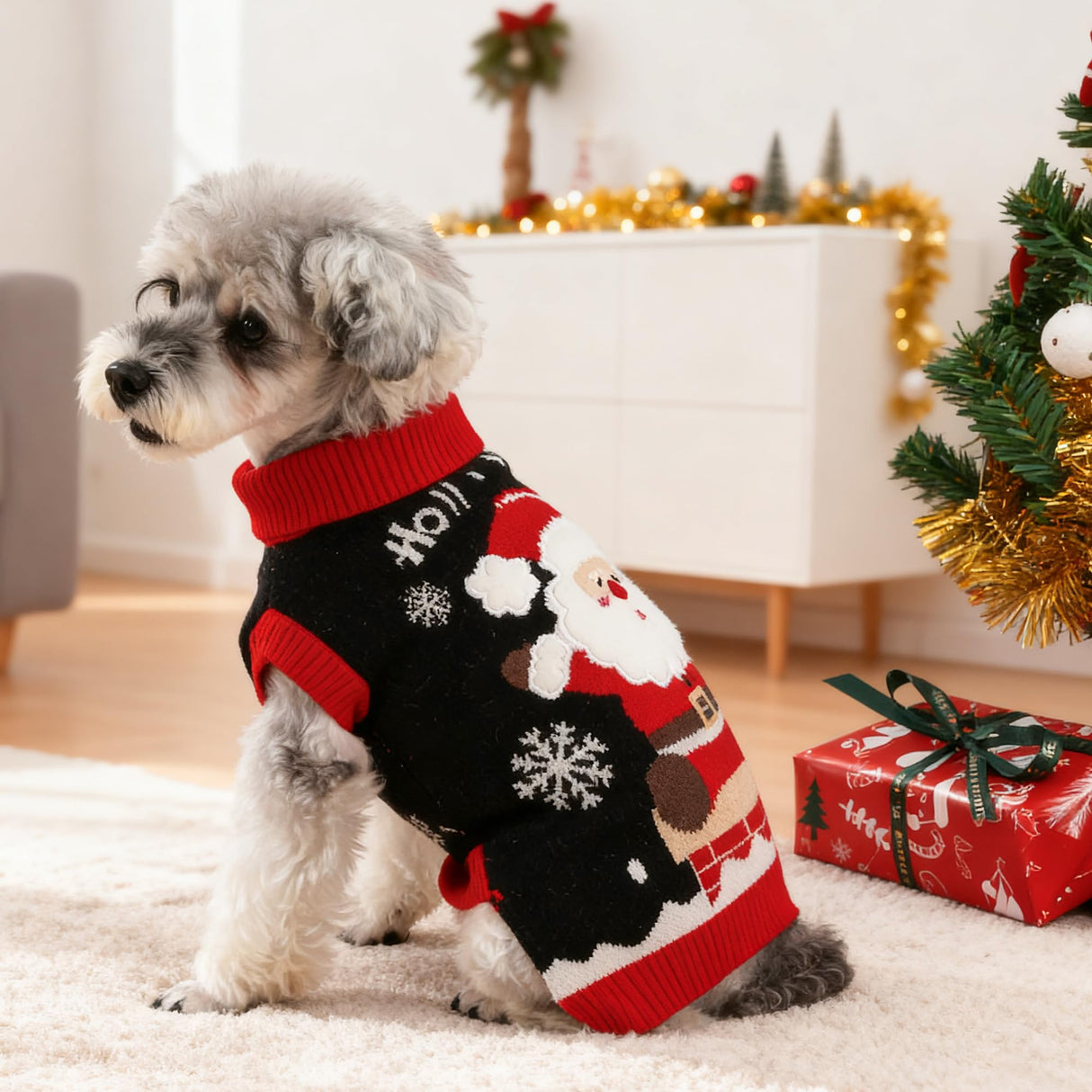 Dog Christmas Sweater for Small Medium Dogs Adorable Festival Pattern Santa Pet Costumes Turtleneck Knitted Puppy Clothes Soft Warm Cold Weather Dog Christmas Outfit Party