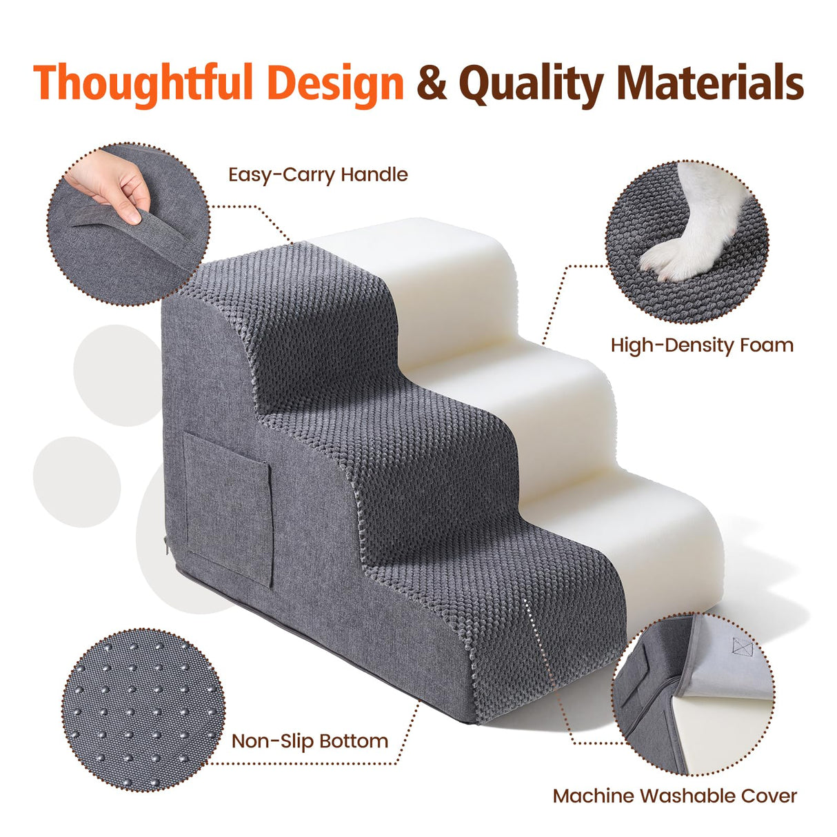 Dog Stairs for Small & Medium Dogs, 5-Step Dog Steps for Bed & Couch, High-Density Foam Pet Stairs for High Beds, Non-Slip Indoor Pet Ramp, Washable Cover, Fits Beds up to 22.6", Grey