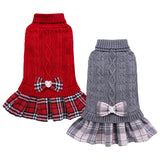 YUDODO 2 Pack Small Dog Sweater Dress with Bowtie Turtleneck - Knitted Pet Girl Dog Winter Clothes - Pet Warm Sweater for Puppy Yorkies, Chihuahua (S Red+Grey)