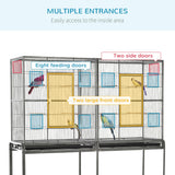 PawHut 65" Double Rolling Metal Bird Cage with Divider, Large Parrot Cage for Parakeet, Canaries, Lovebirds, Budgie, Finch, with Detachable Rolling Stand, Storage Shelf, Wood Perch & Food Container