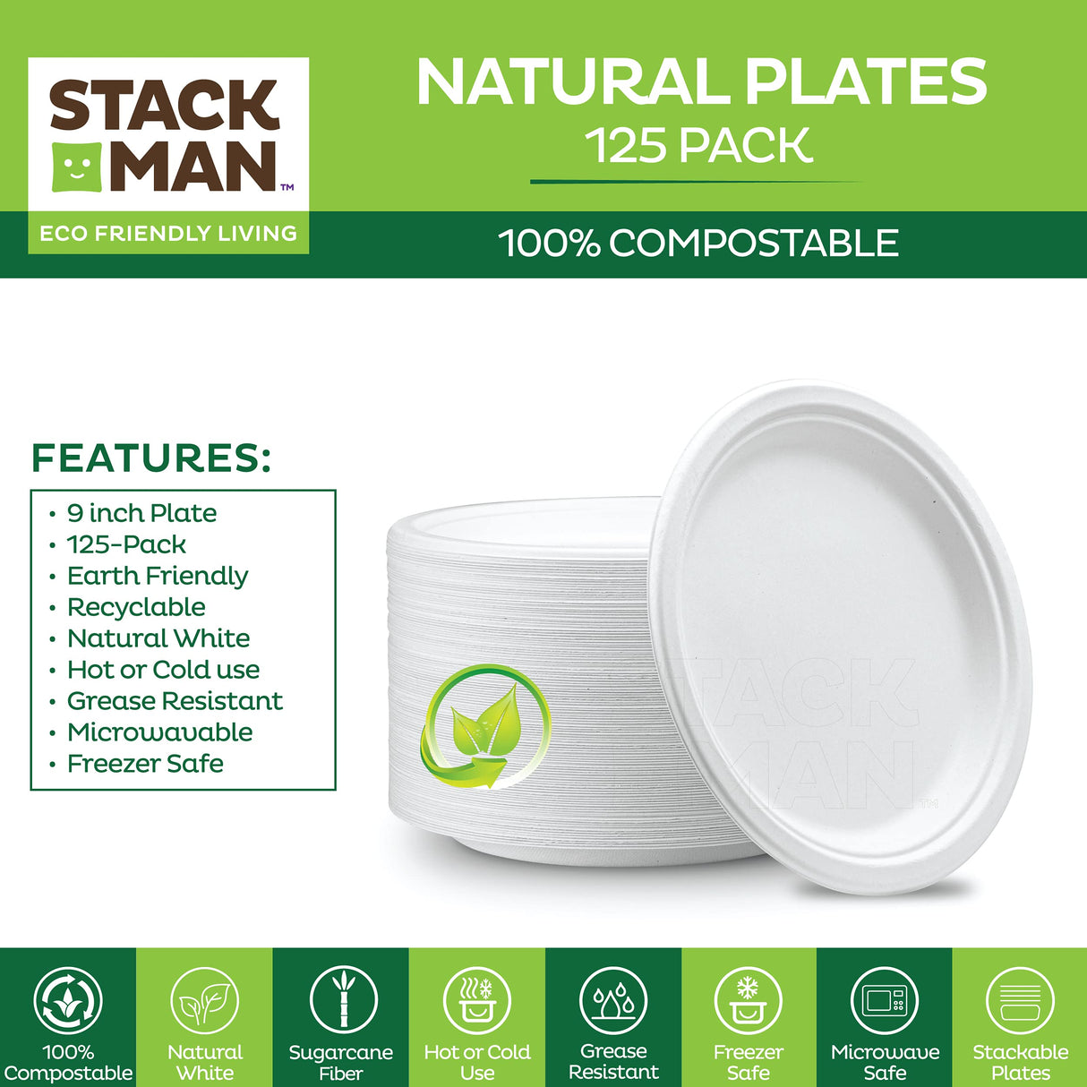100% Compostable 9 Inch Heavy-Duty [125-Pack] Eco-Friendly Disposable White Bagasse Plate, Made of Natural Sugarcane Fibers - 9" Biodegradable Paper Plates by Stack Man