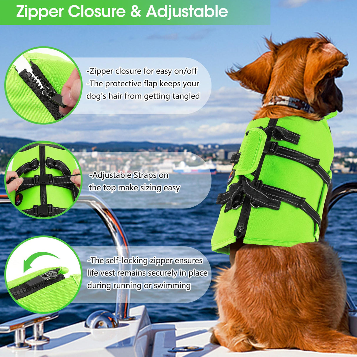 Dogcheer Dog Life Jacket with Back Zipper, High Buoyancy Puppy Swimming Vest, Dog Life Vest for Boating, Reflective Pet Floating Swim Vest PFD for Small Medium Large Dogs-Green,XL