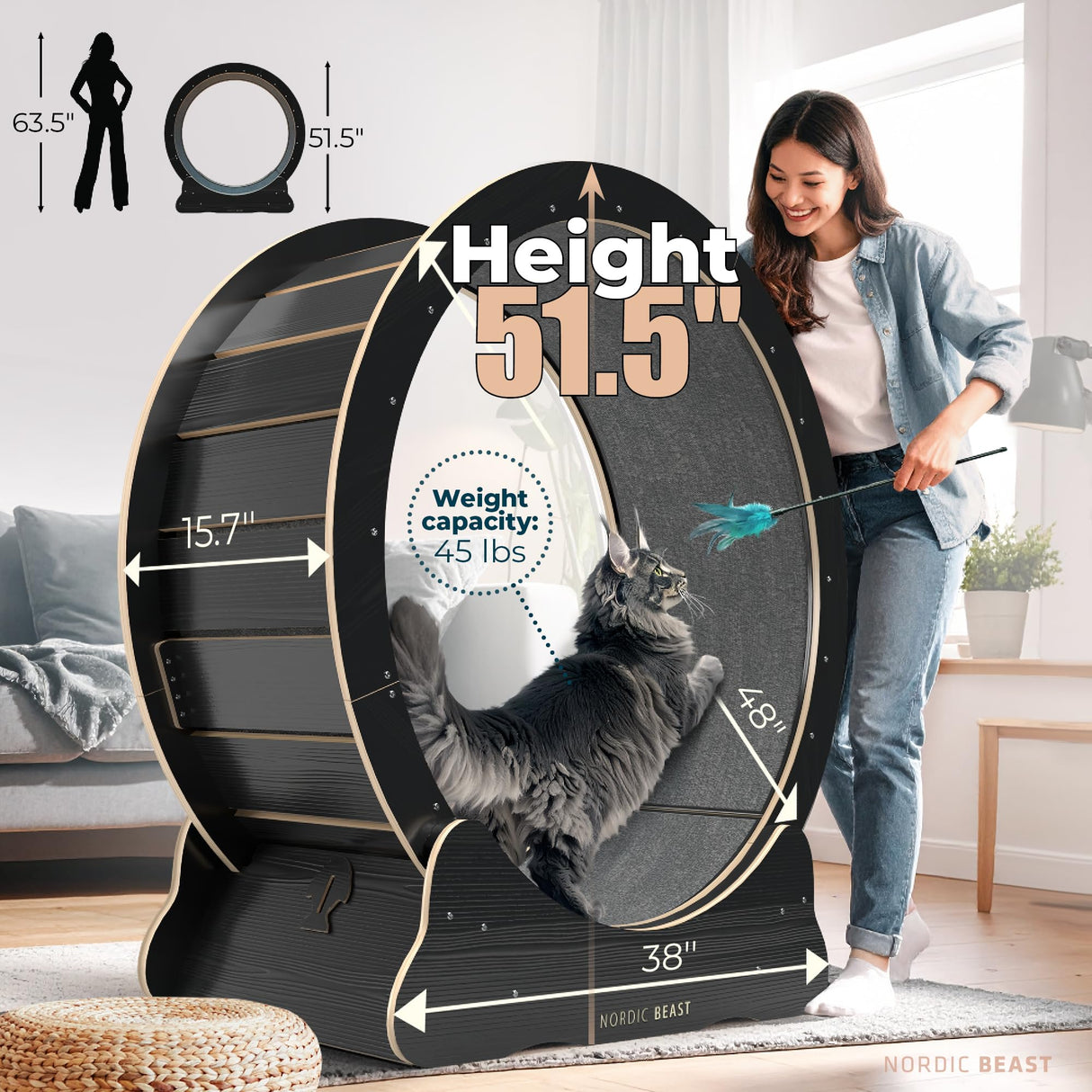 Nordic Beast 48'' XL Cat Wheel – Safe, Quiet & Stable Exercise Wheel for Large Indoor Cats up to 45 lbs – 15.7'' Extra-Wide Surface Fits 2 Cats Side by Side & Prevents Wobbling, 1-Year Warranty